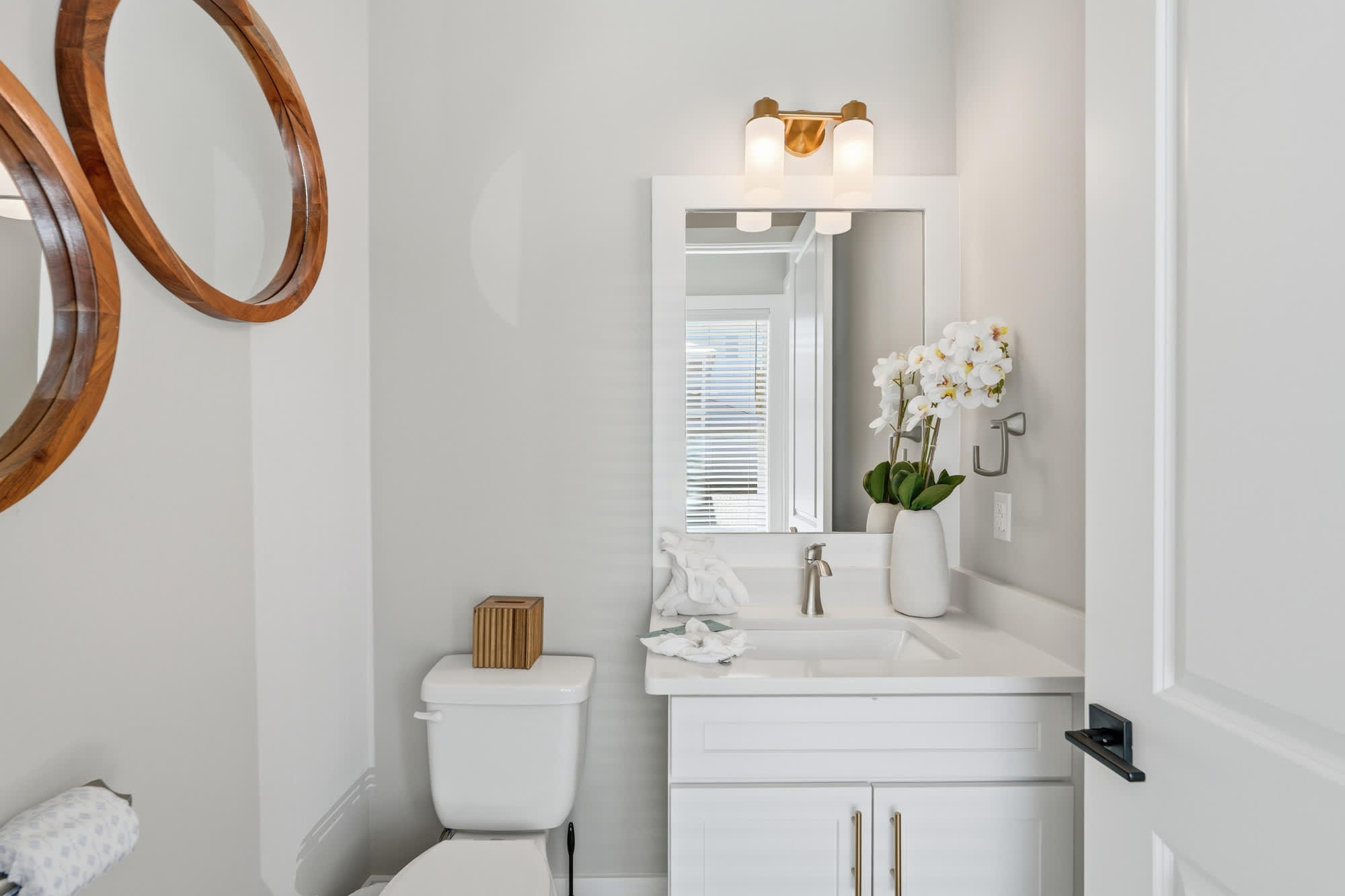 38 W Willow Mist Rd – Modern bathroom with a sink, mirror, two circular mirrors, toilet, and a potted orchid.