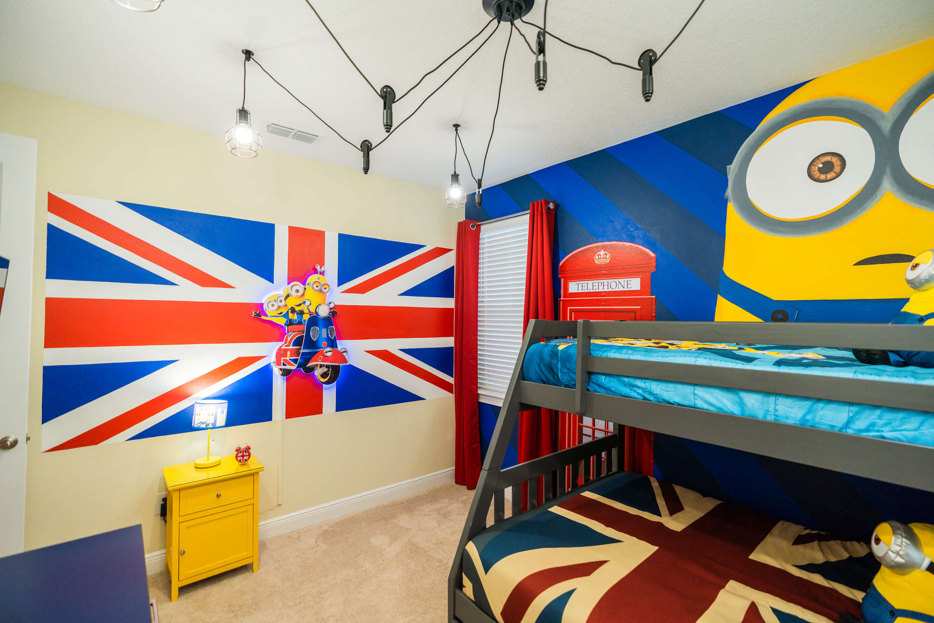 Delight in this playful Minions-themed room with a British twist, perfect for kids and families seeking a fun getaway.