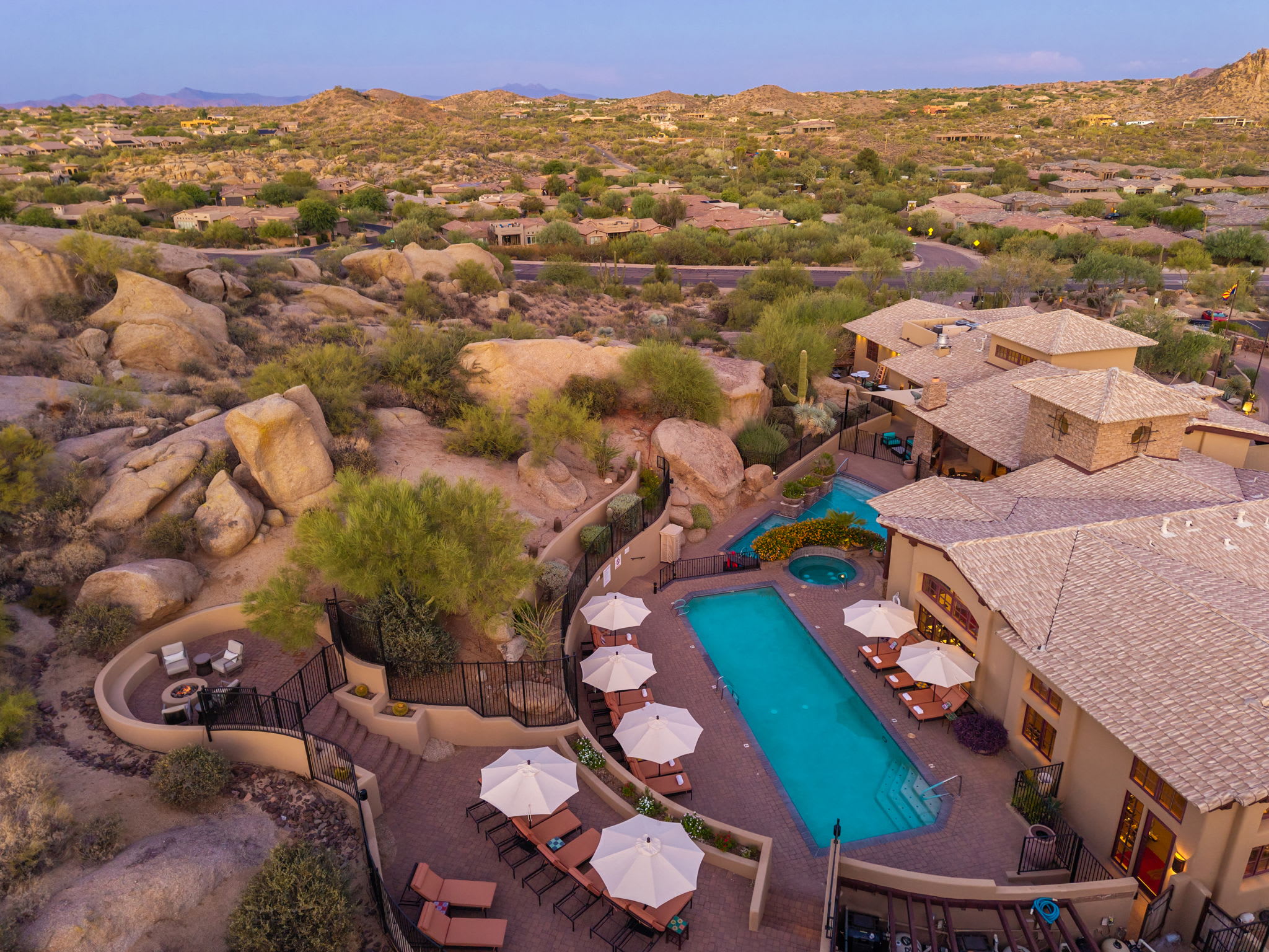 Clubhouse Pools & Firepit | Rocks 103 in North Scottsdale, AZ by Luxus Vacation Properties