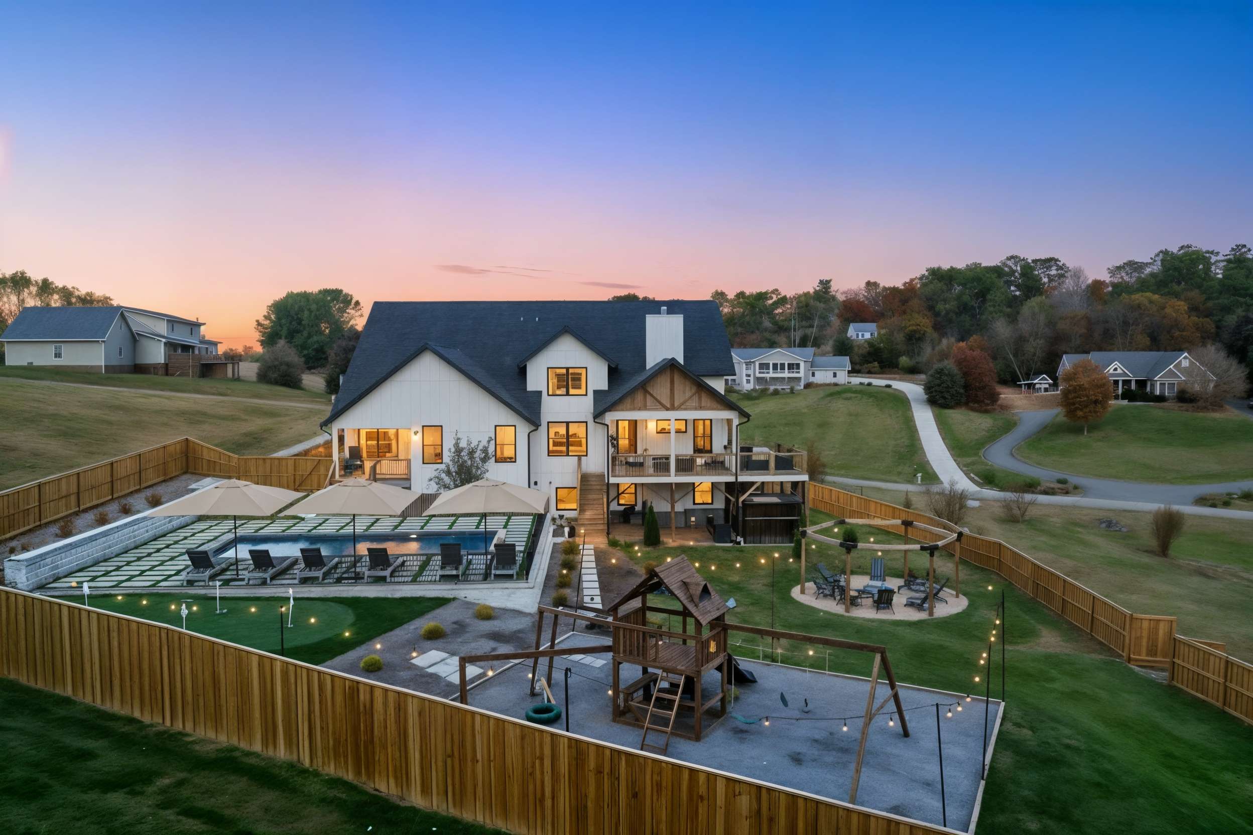 Sixgen Rentals mountain estate at dusk outside Asheville North Carolina