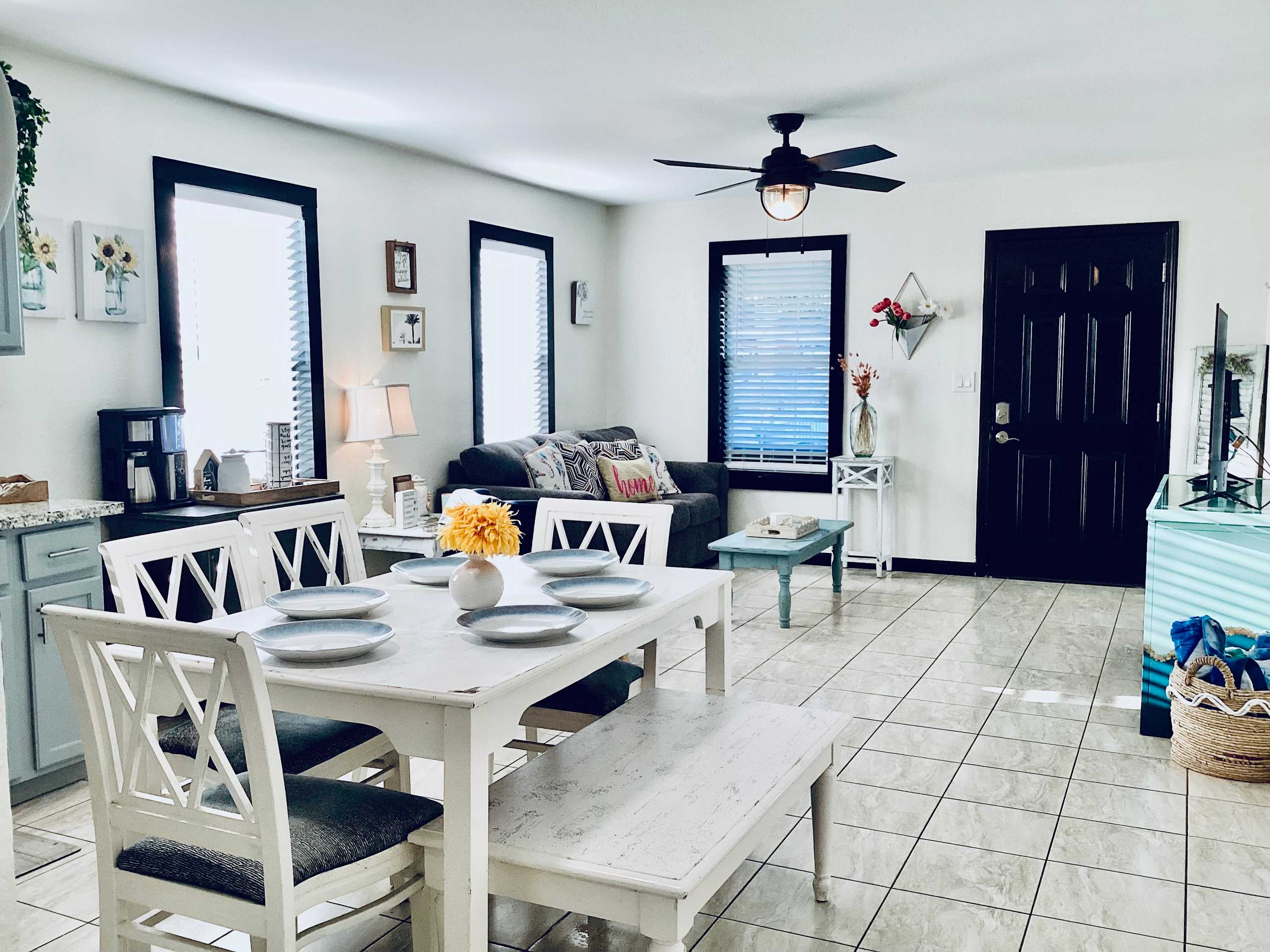 Open living, dining, and kitchen space