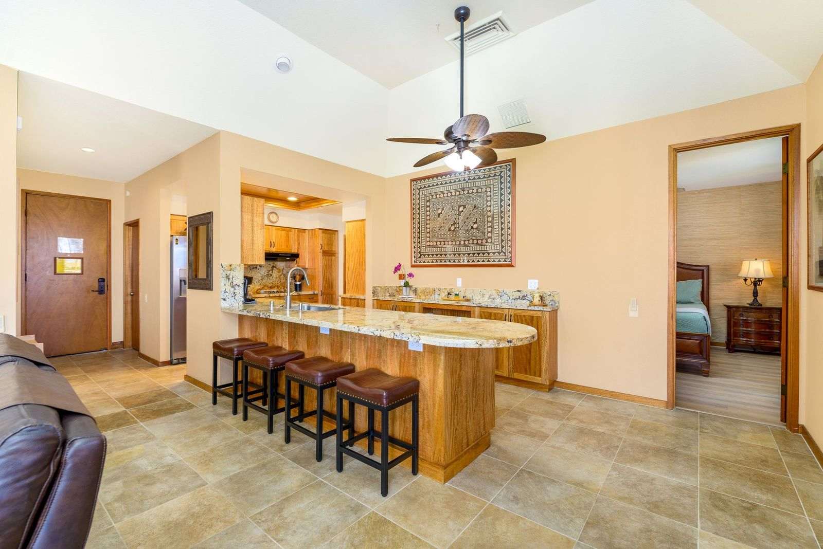 Living room view into the kitchen