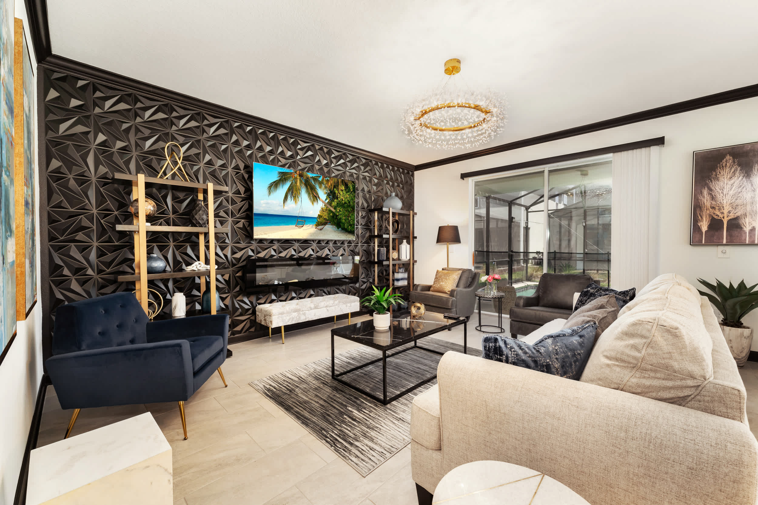 Elegant living room with chic decor and a large TV, perfect for relaxation and entertainment.