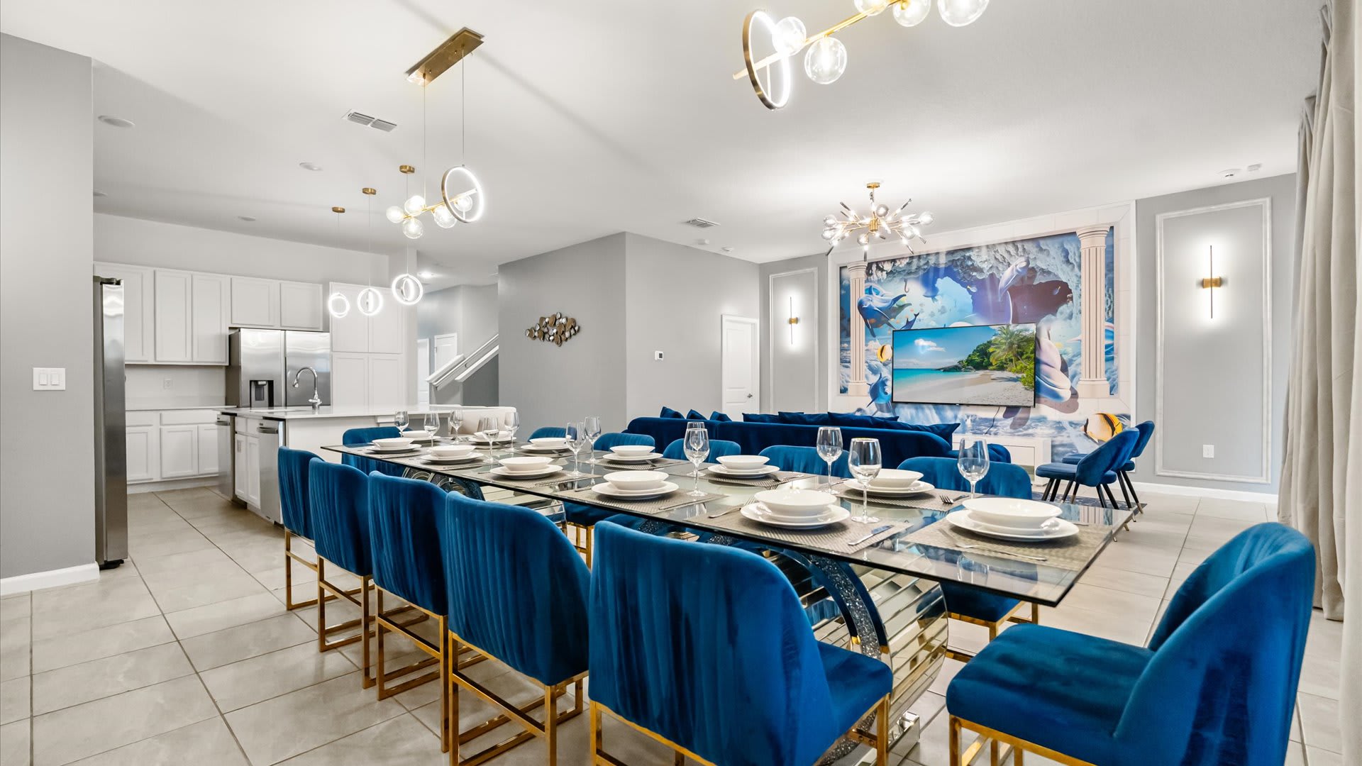 Spacious dining room with plush seating — ideal for group meals and celebrations.
