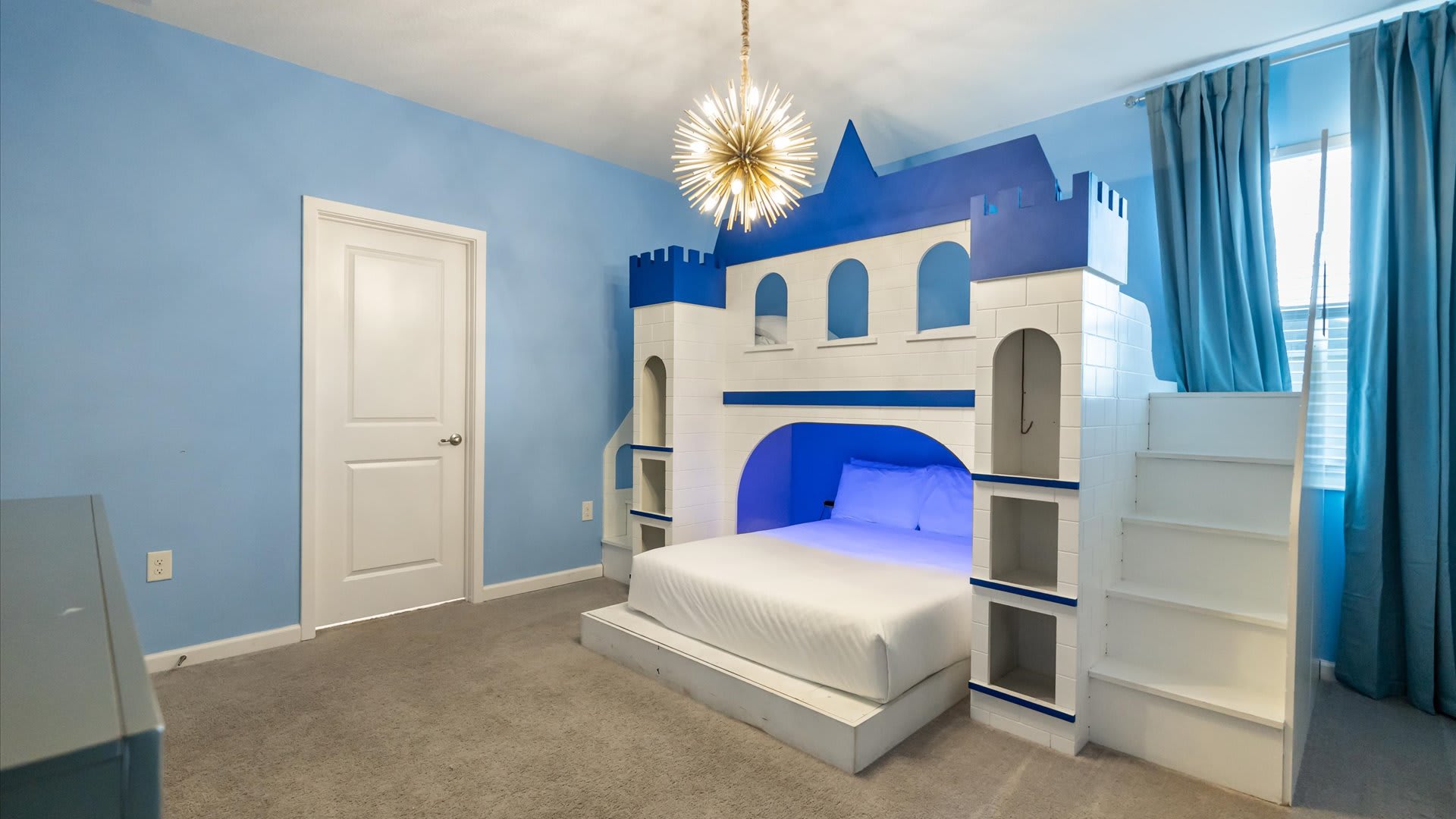 Bedroom 6 (Bunk–Full/Twin) – Detailed Frozen-themed room with custom beds and magical lighting.