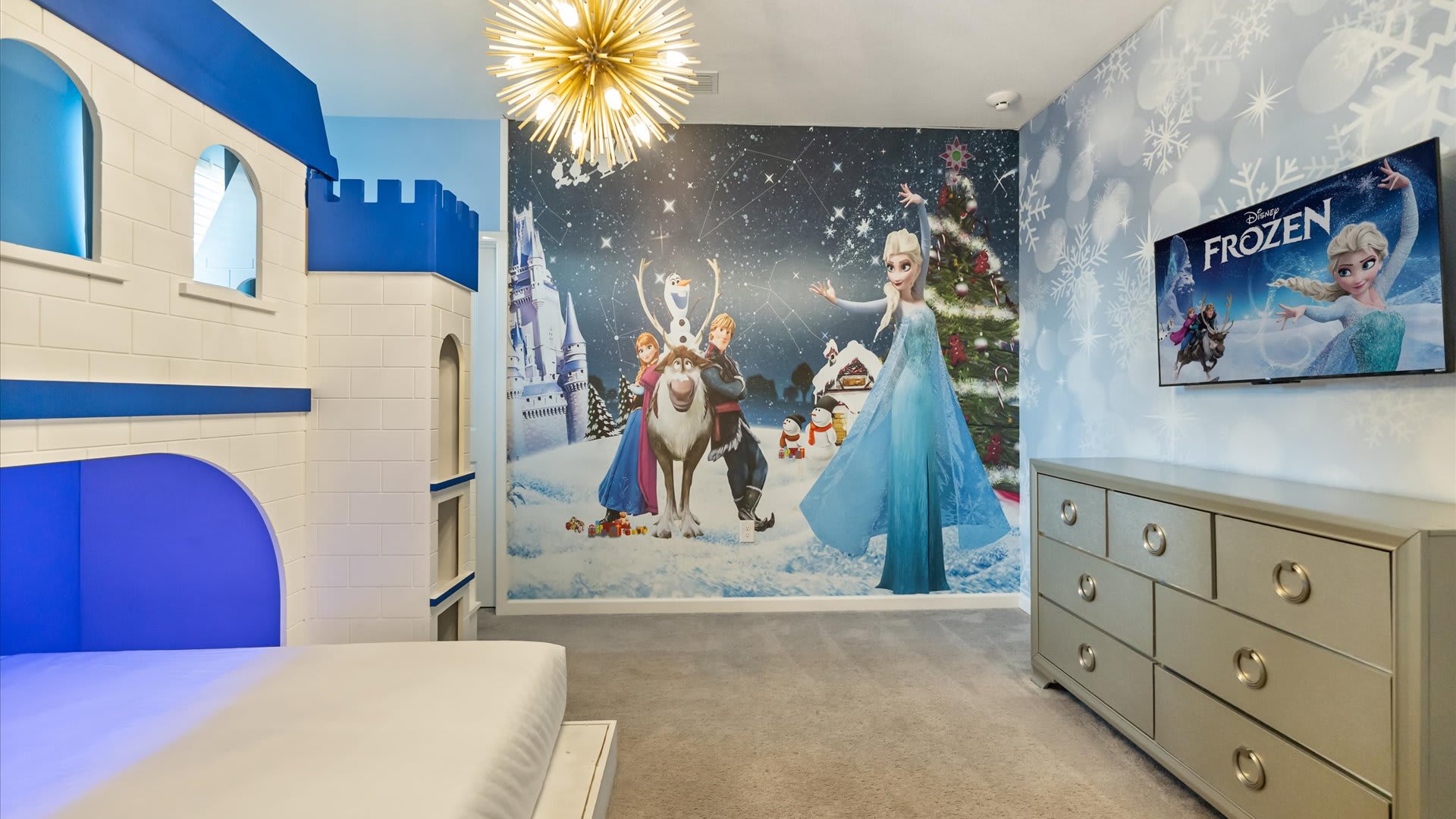 Bedroom 6 (Bunk–Full/Twin) – Detailed Frozen-themed room with custom beds and magical lighting.
