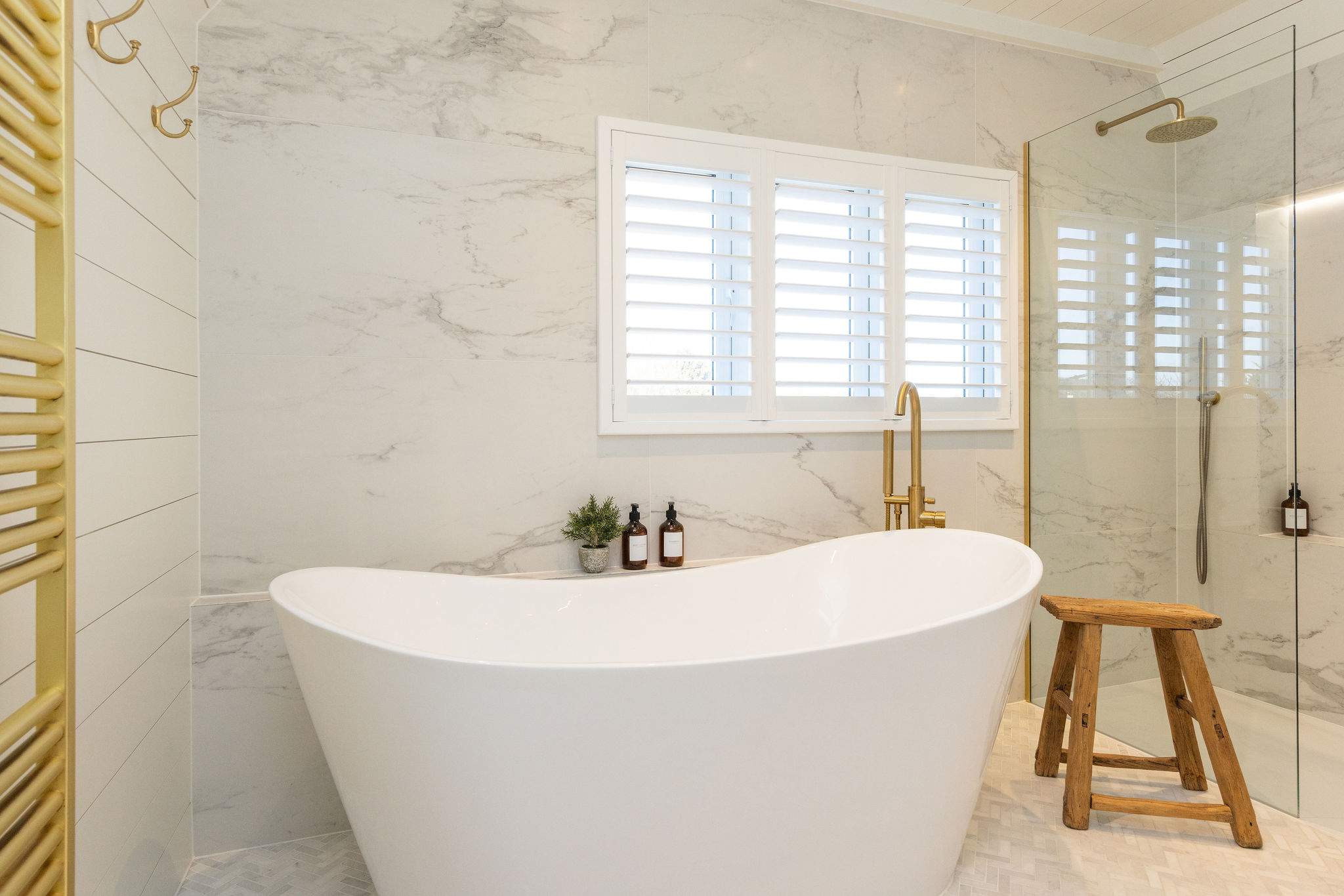 Luxury bath with separate walk-in shower.