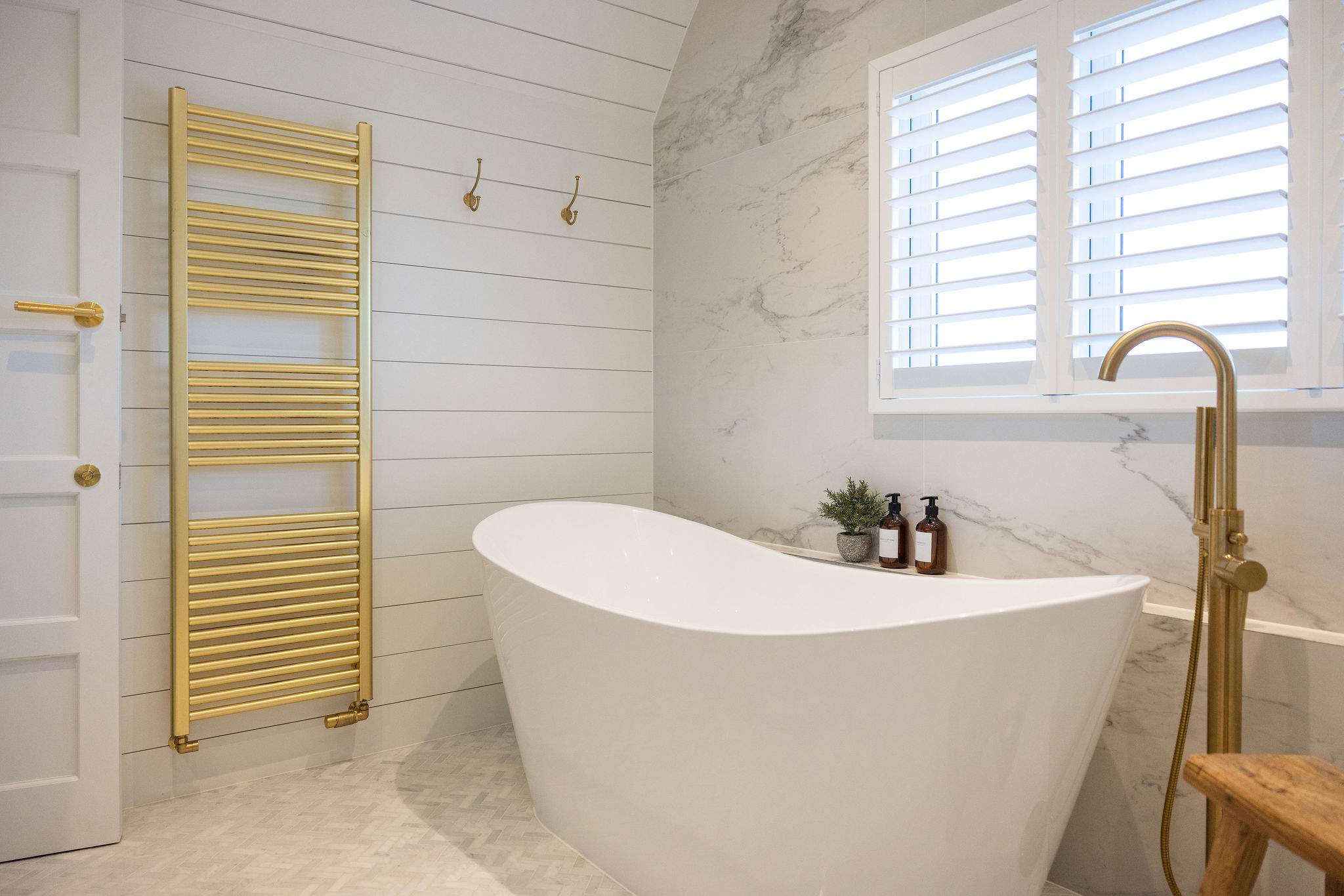Luxury bathroom with deep soaking tub.