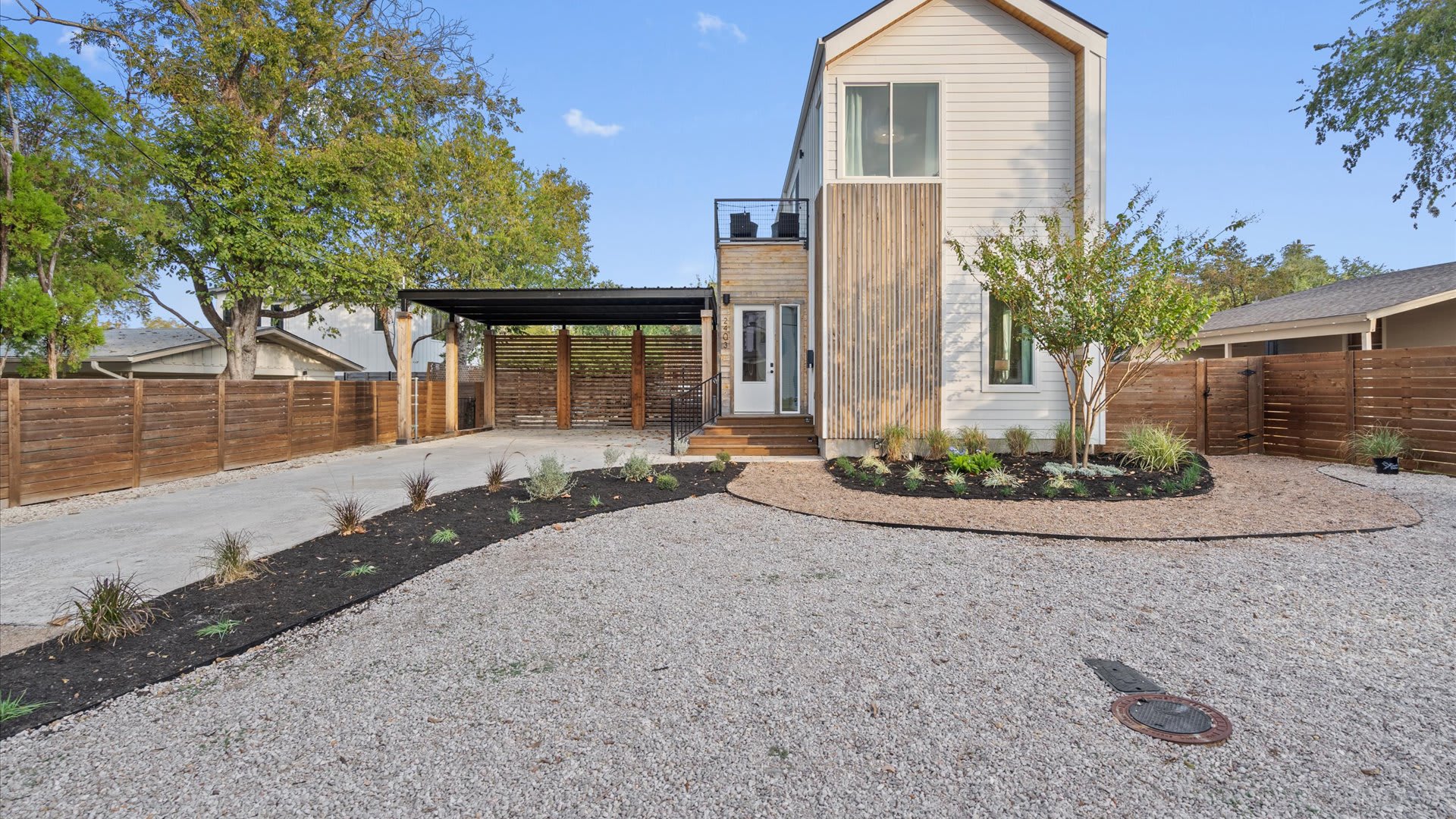 Private driveway and modern farmhouse exterior