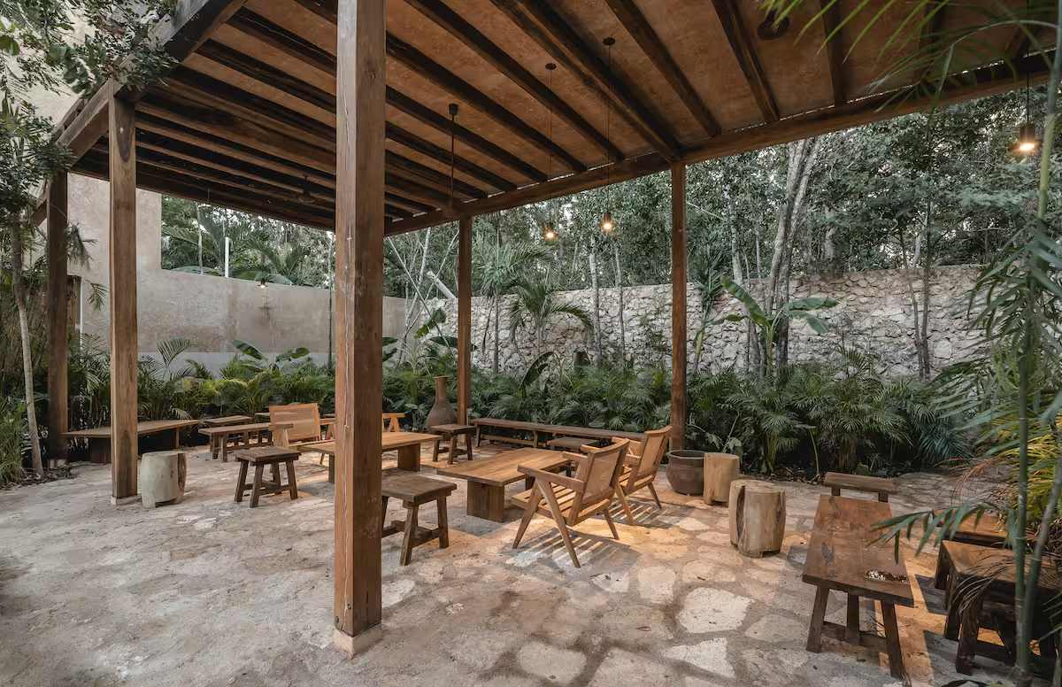 Communal garden overlooking the main shared pool, surrounded by lush greenery