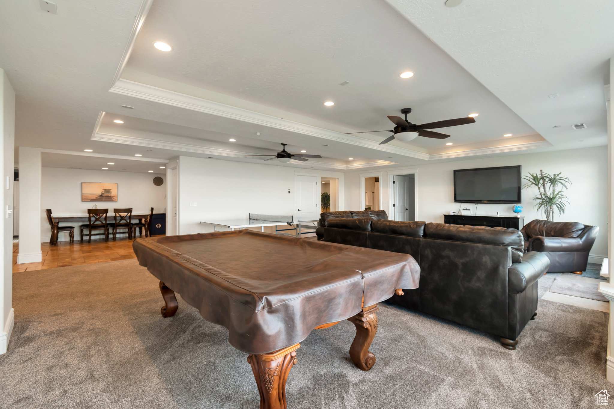 Basement lounge with ping pong and pool table