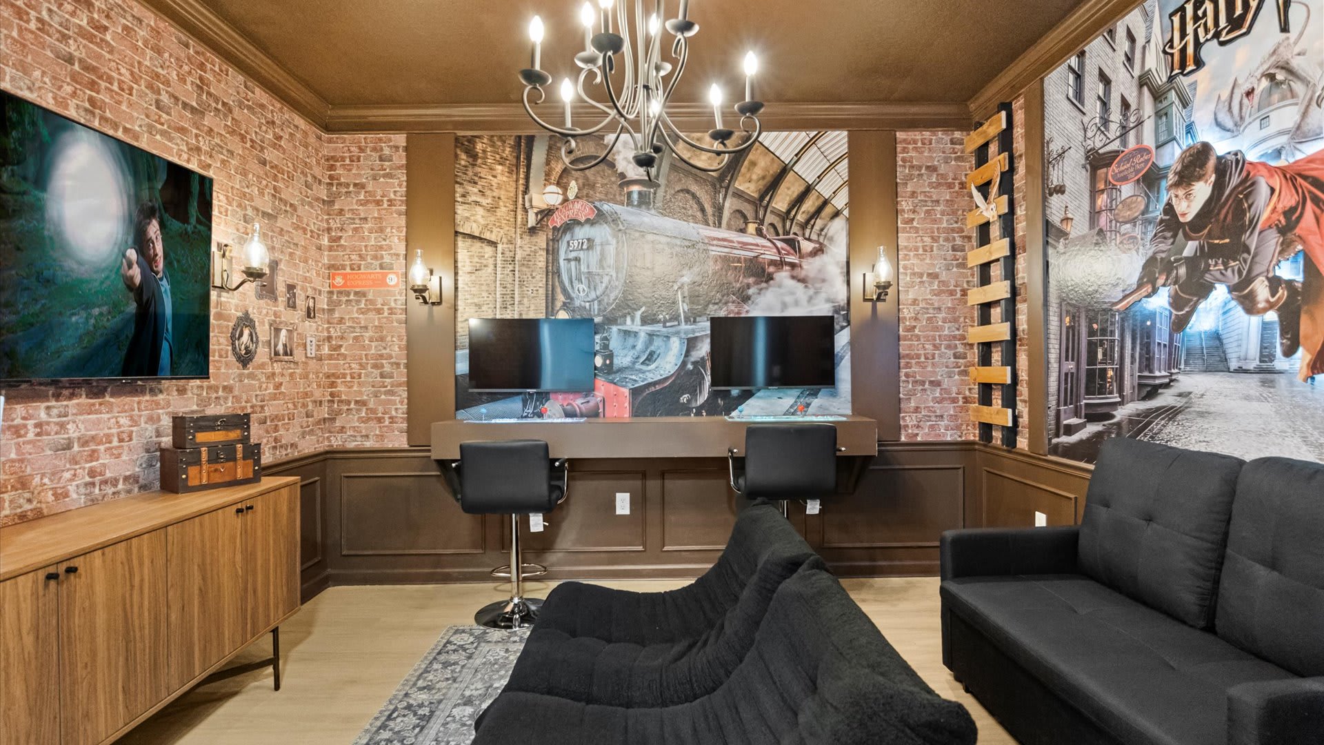 Rustic Hogwarts Game & Media Lounge – Brick walls, dual TVs, and comfy seating create the perfect hangout zone.