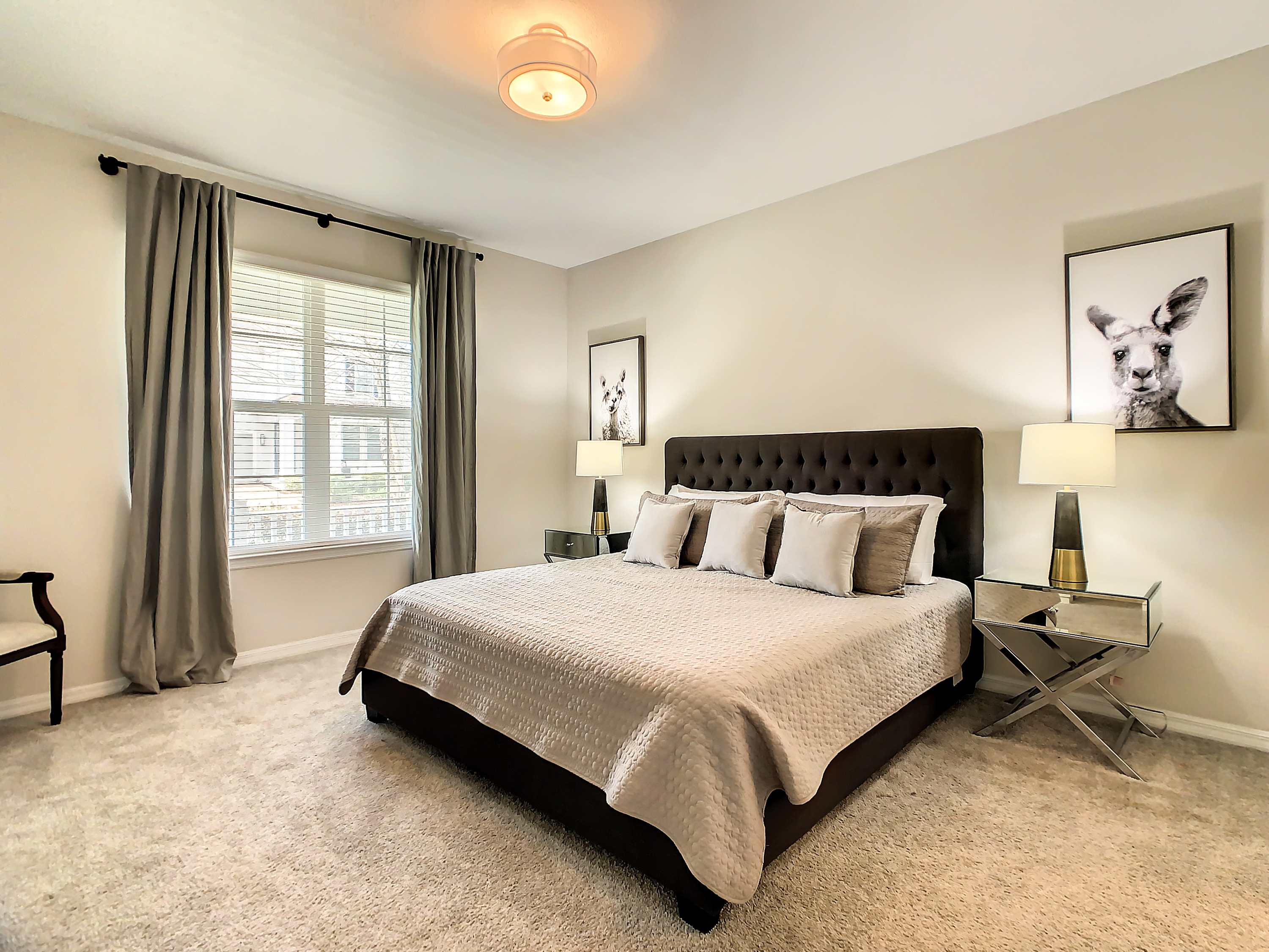 Elegant bedroom with a tufted charcoal bed, layered neutral bedding, matching bedside lamps, and a bright window framed by full-length curtains.
