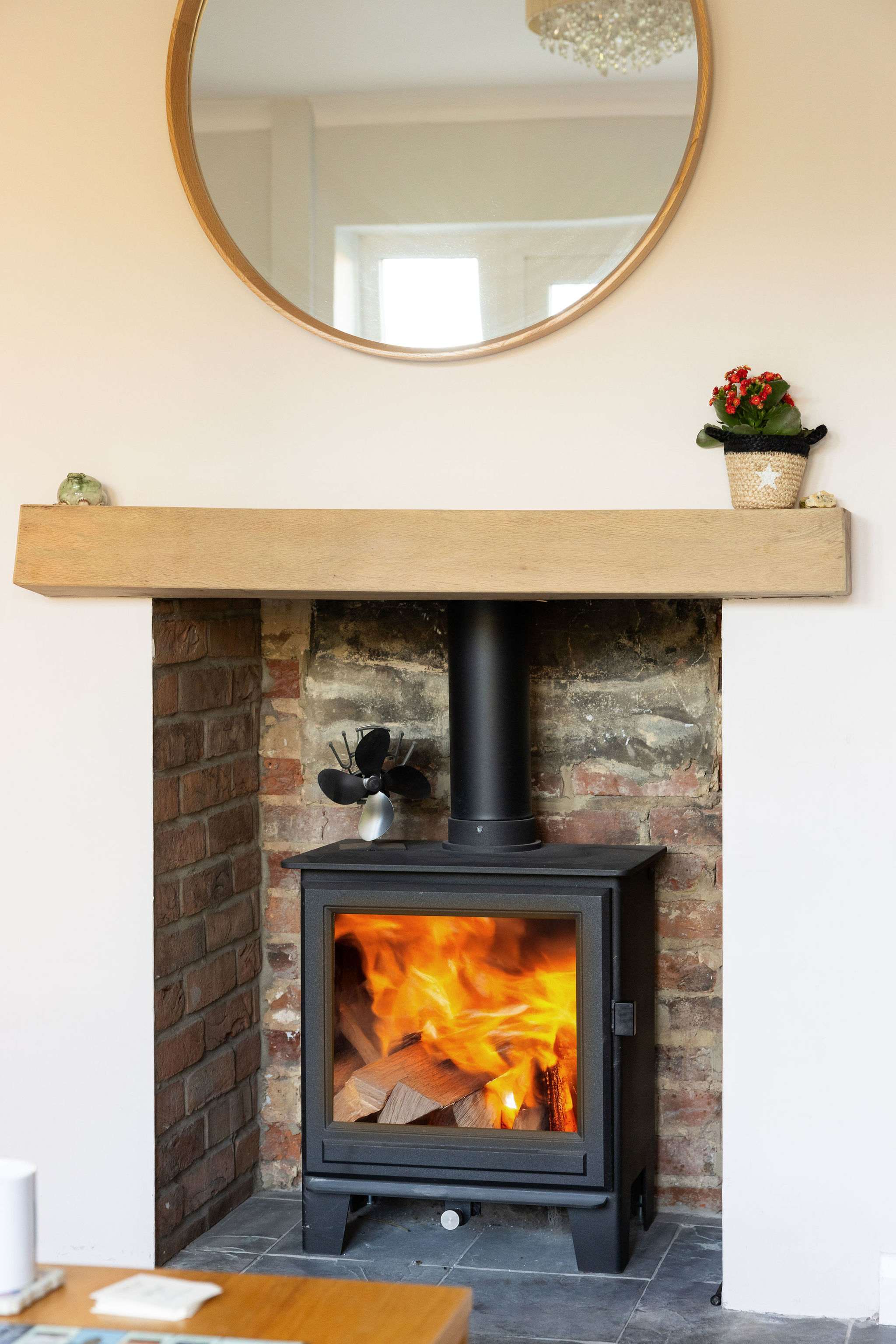 Overhead mirror and roaring fire!