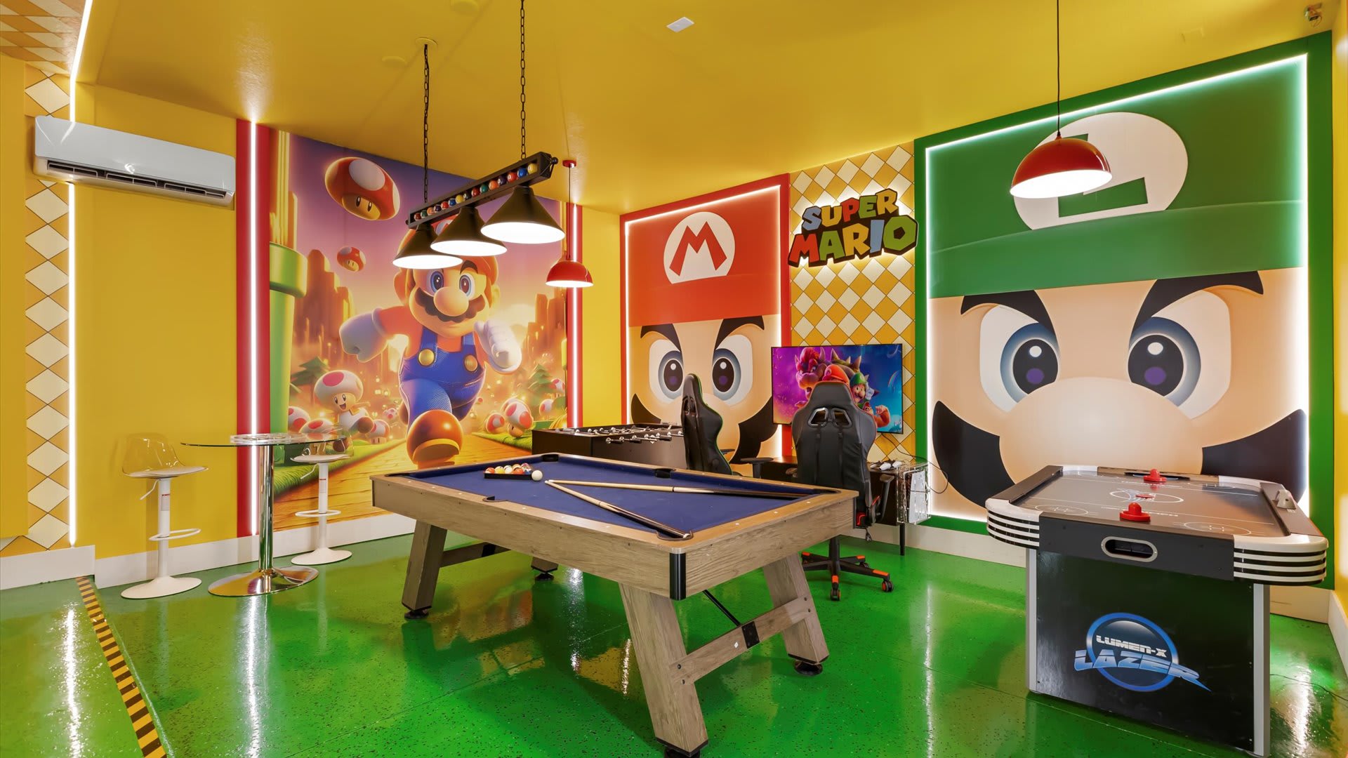 Vibrant Mario-themed game room – perfect for kids and families.