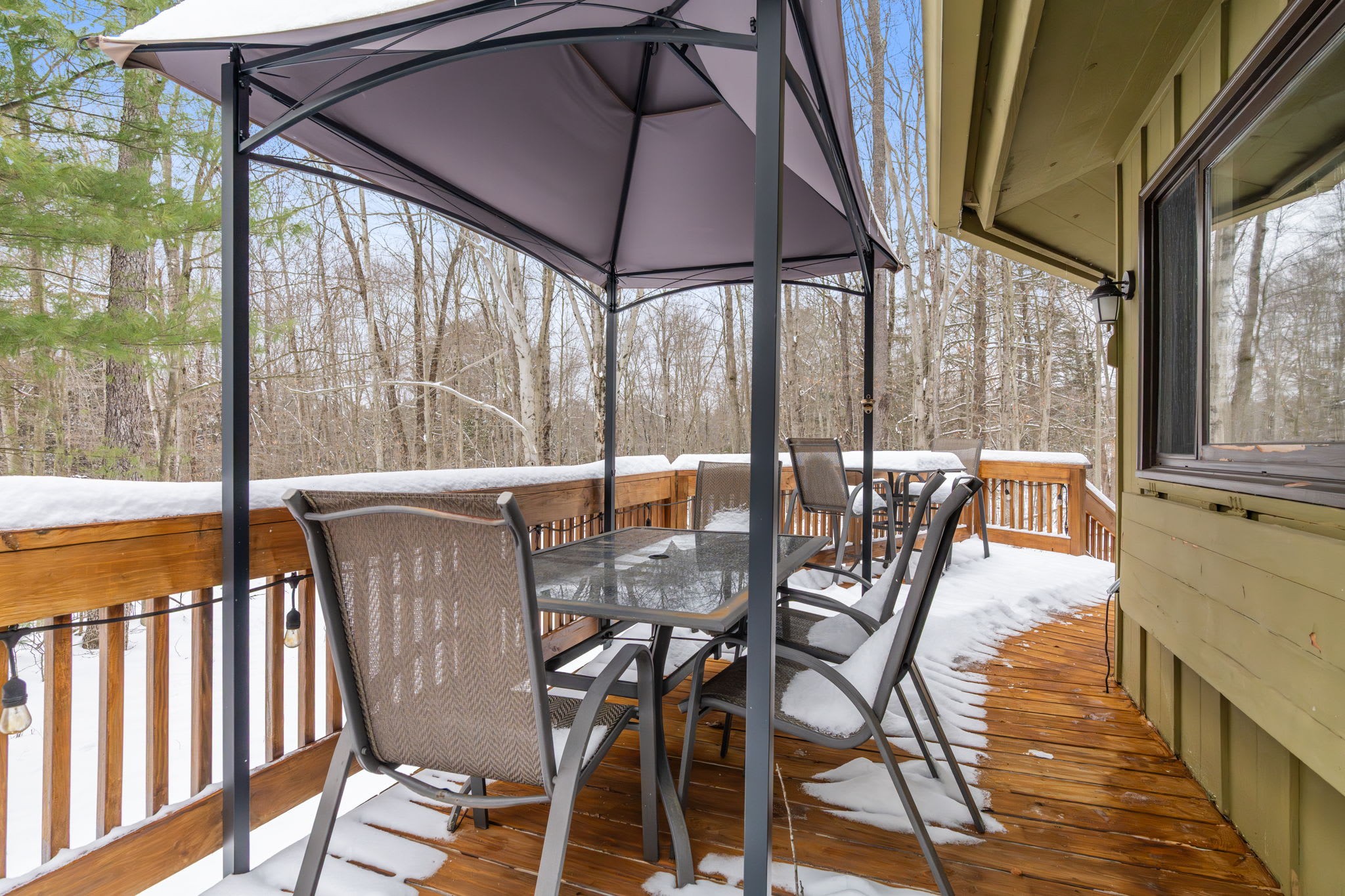 Relaxing screened porch with peaceful woodland views at Lake Naomi Pocono cabin retreat