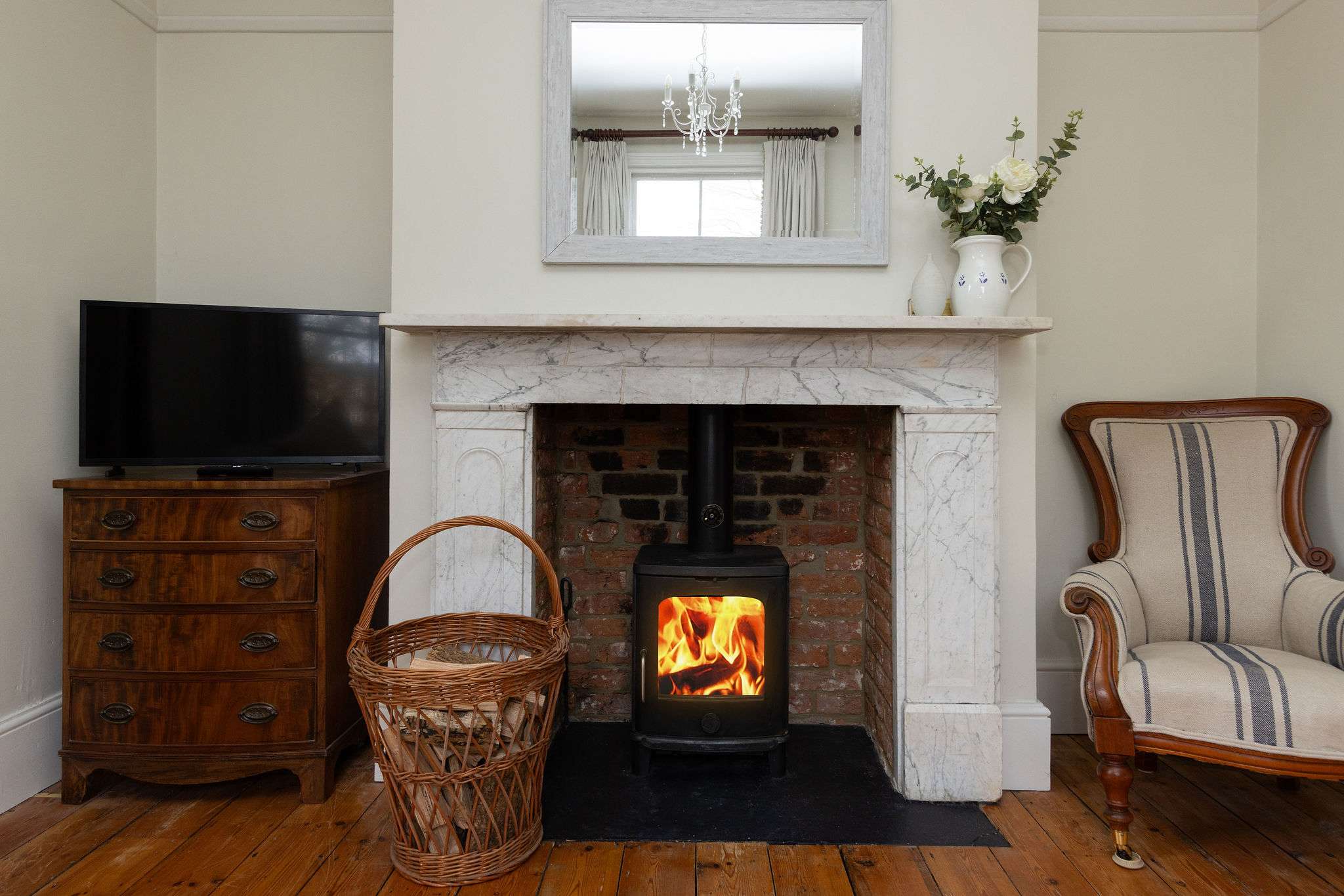 Character fireplace with wood-burning stove