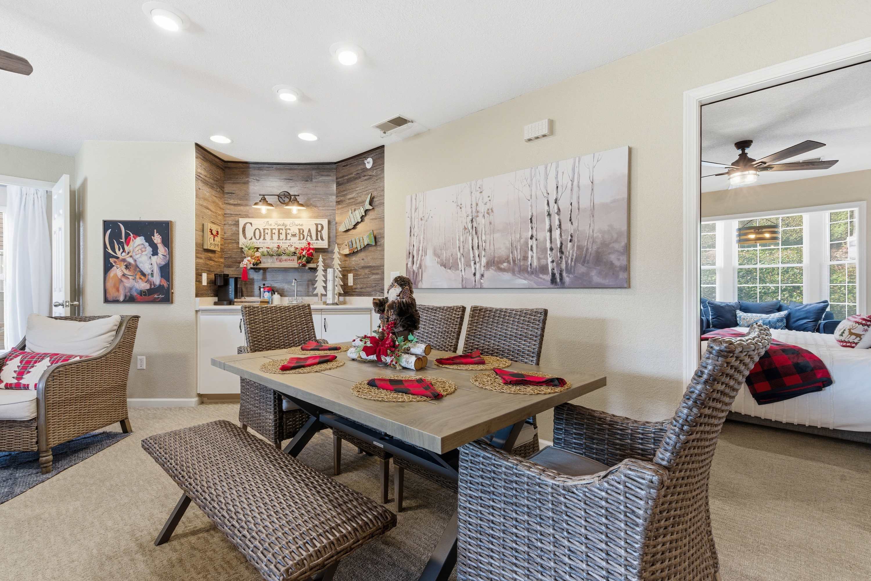 Gather, dine, and sip coffee in this space for 6