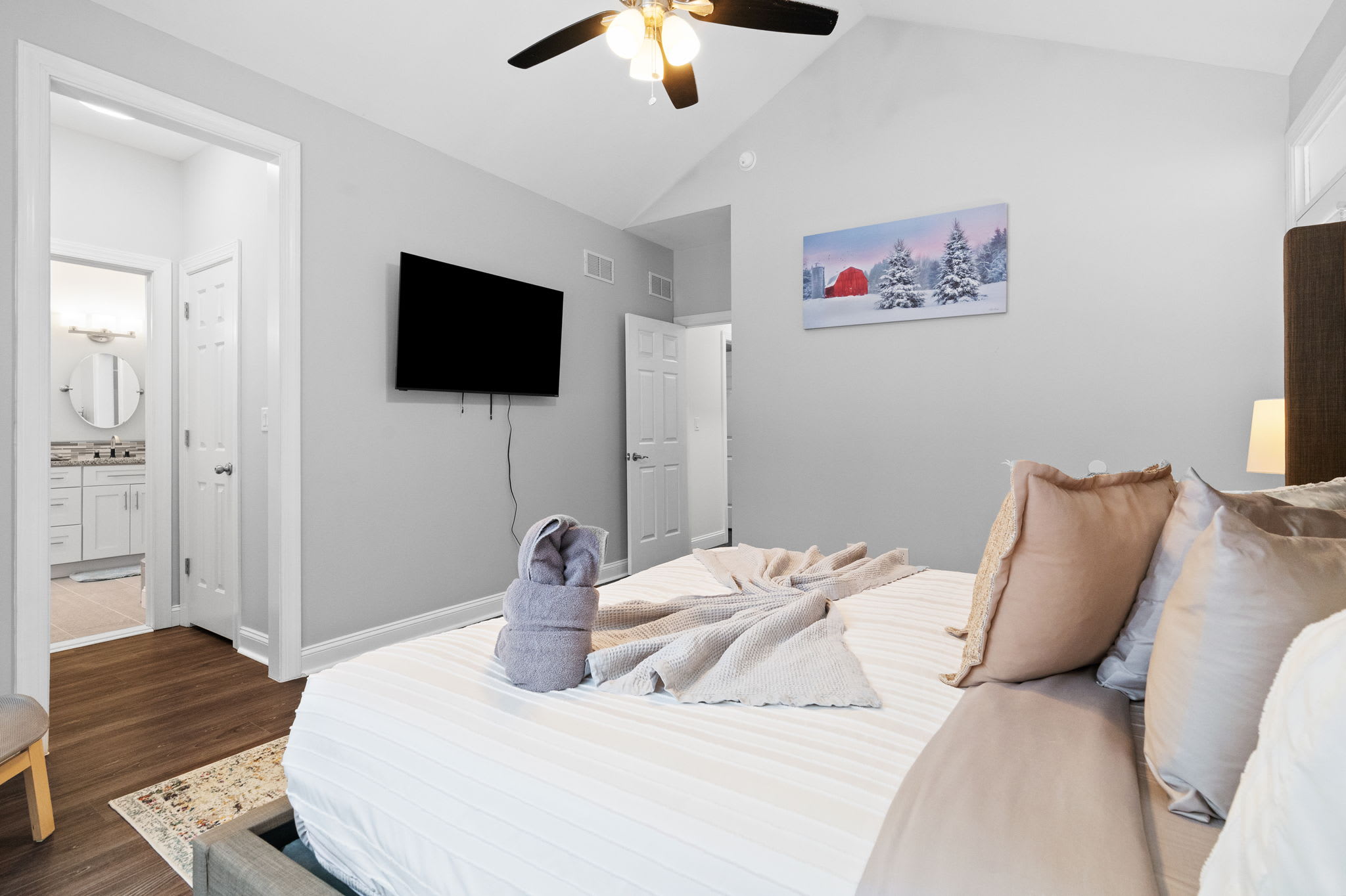 Master bedroom closet and dressing area with ample storage space for your Poconos getaway