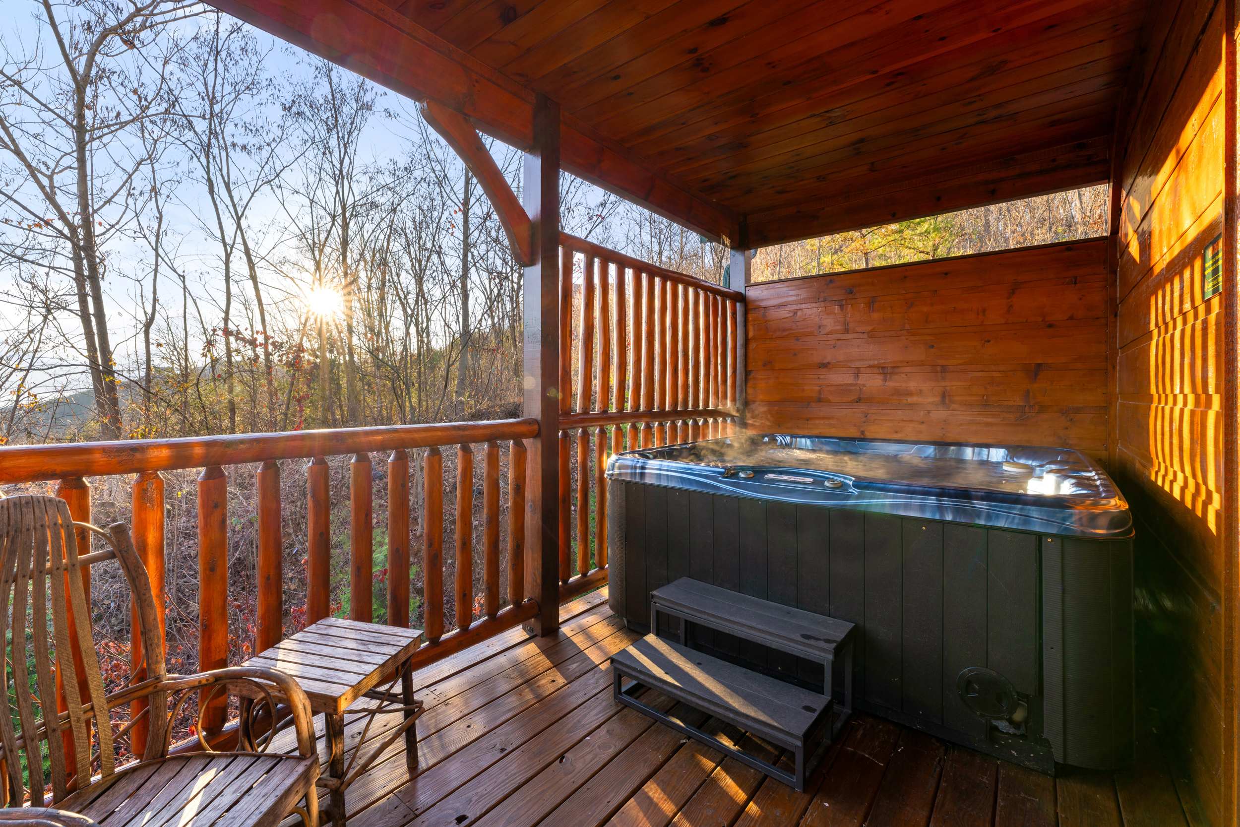 Relaxing outdoor hot tub with stunning views of the Smoky Mountains.