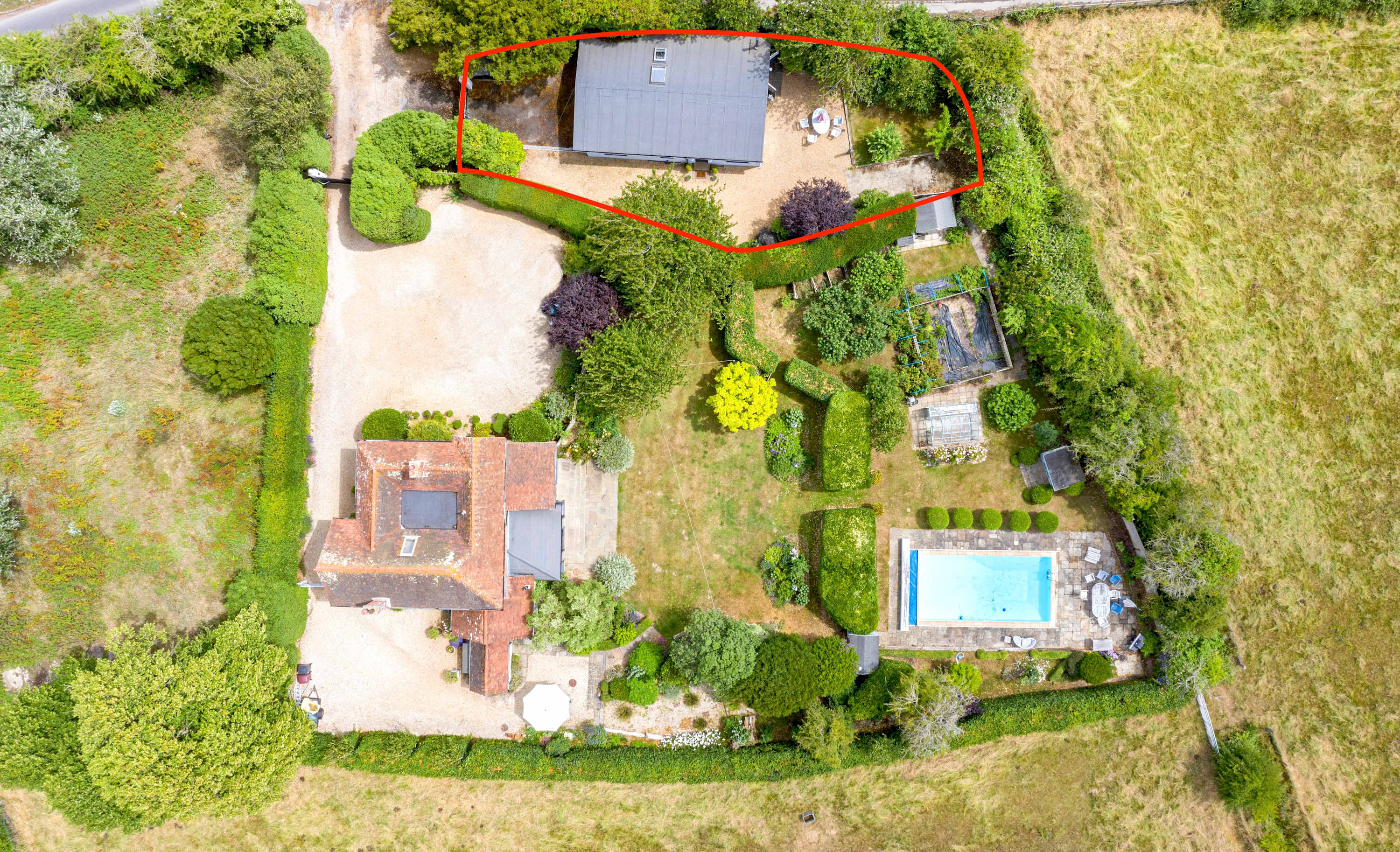 Aerial view showing the house and annexe