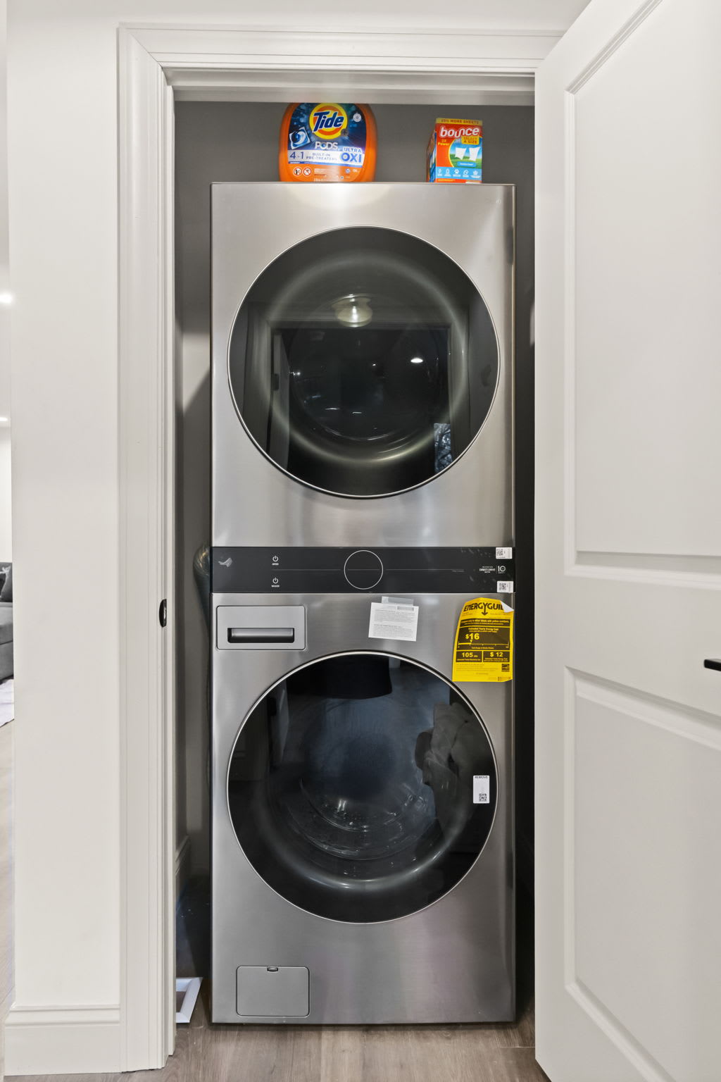 Full-size stacked washer and dryer make laundry a breeze during your stay