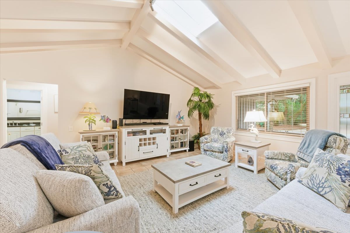 Sun-drenched living room with vaulted ceilings, skylights, and coastal Lowcountry charm.