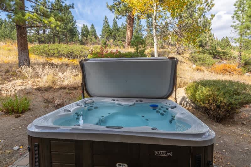 Private Marquis hot tub out back, nestled among pine trees for a relaxing forest view.