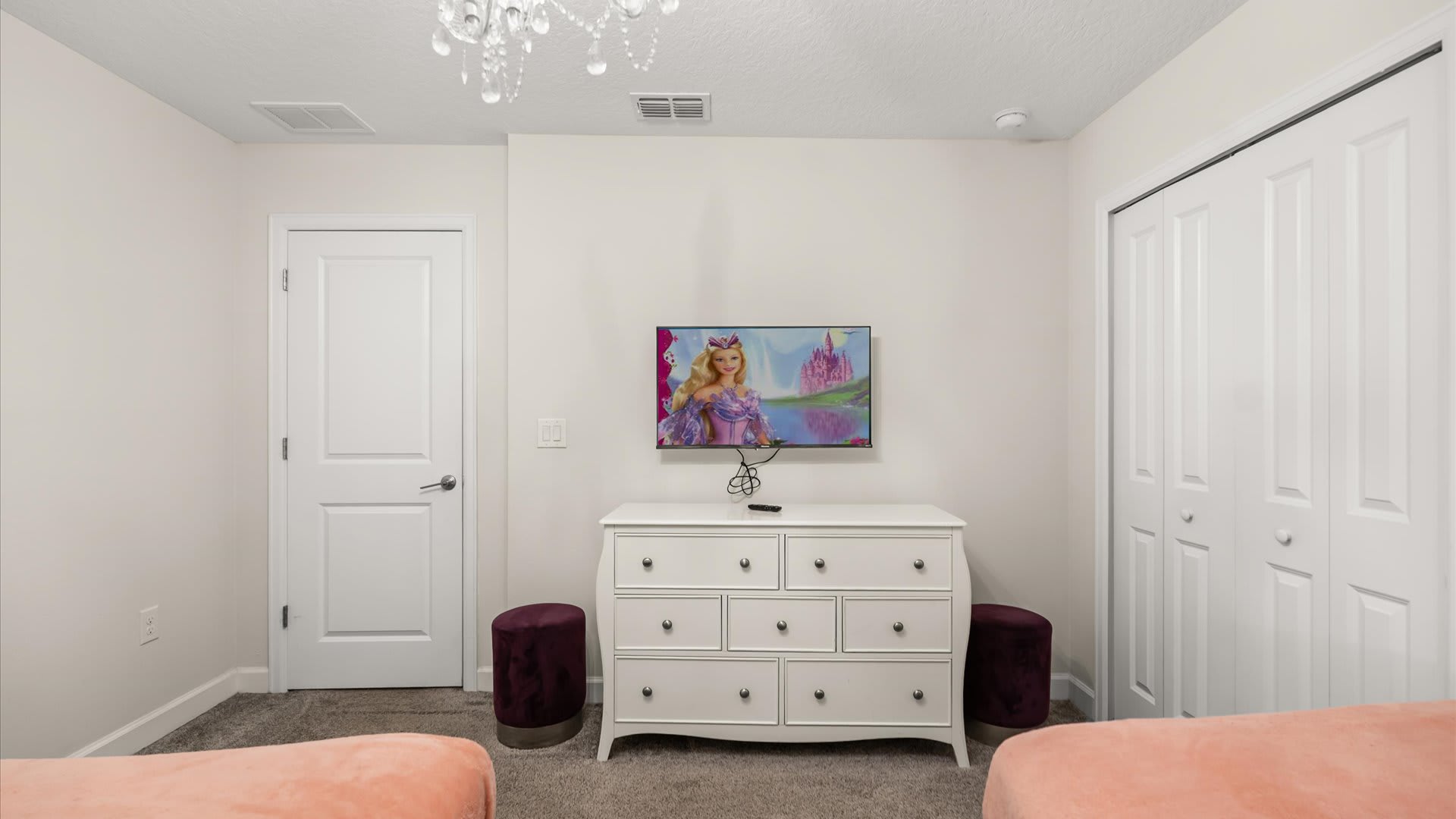 Disney Cinderella themed bedroom with 1 double and 1 single bed