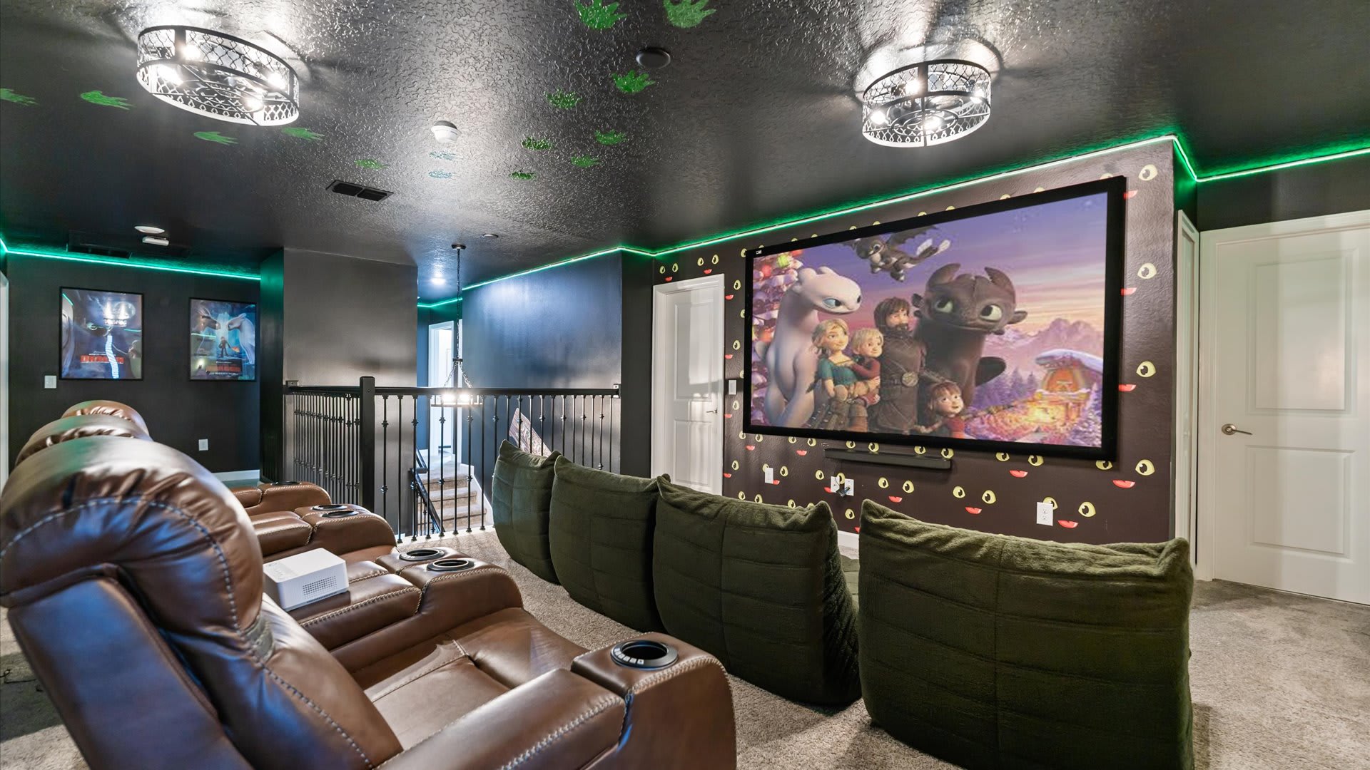 In-home cinema with large projector screen and tired seating