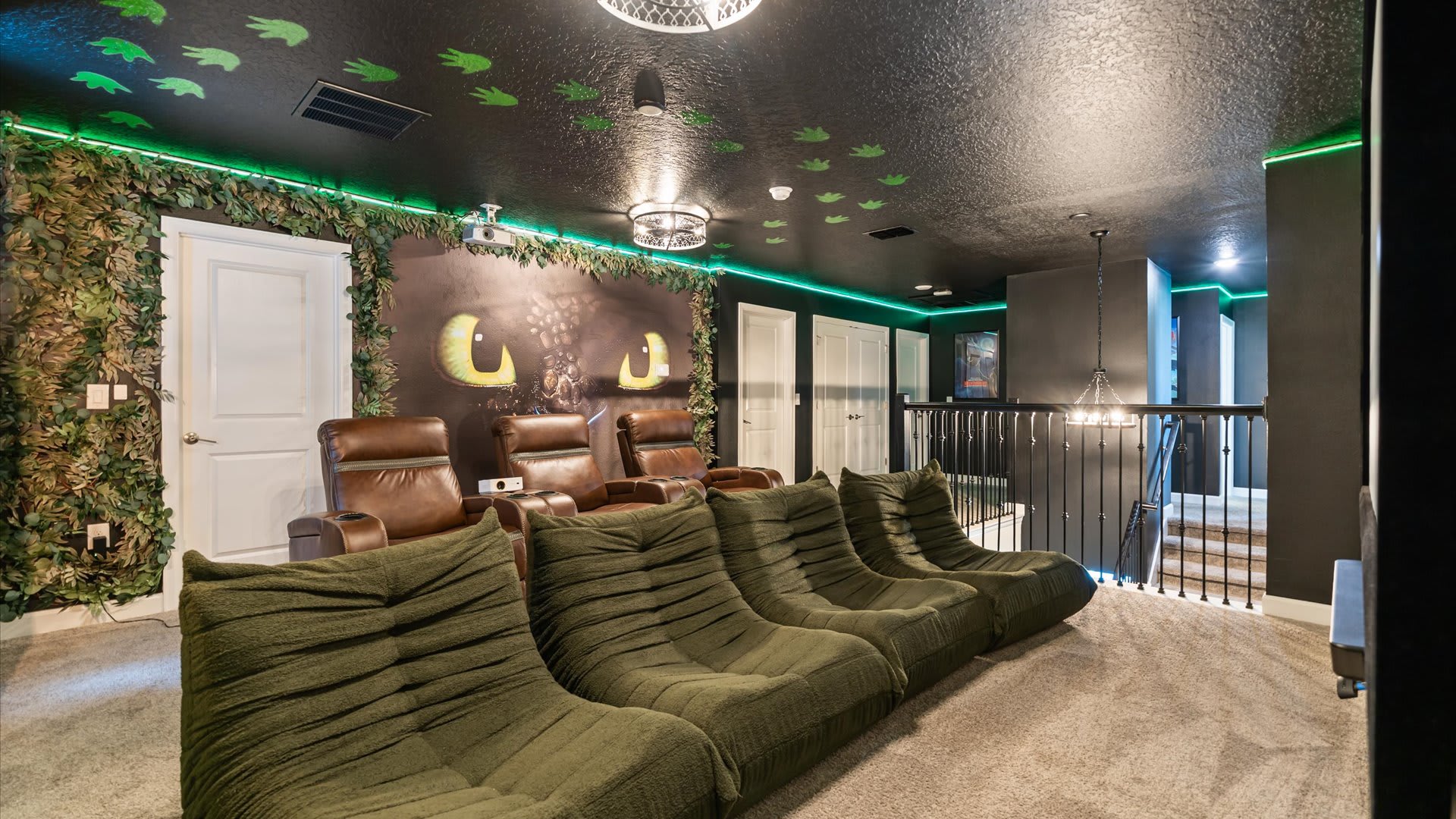 In-home cinema with large projector screen and tired seating