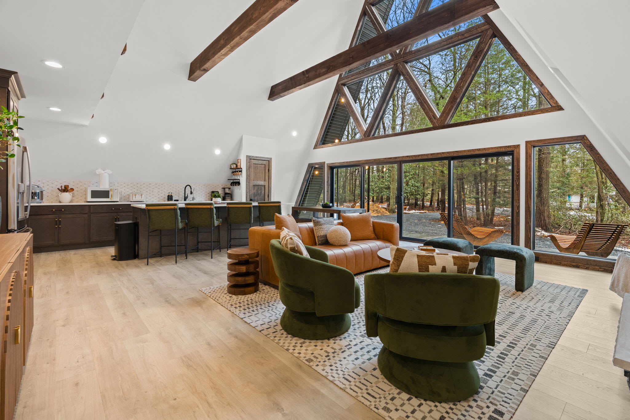 Sink into the plush velvet sofa and take in the stunning A-frame views.