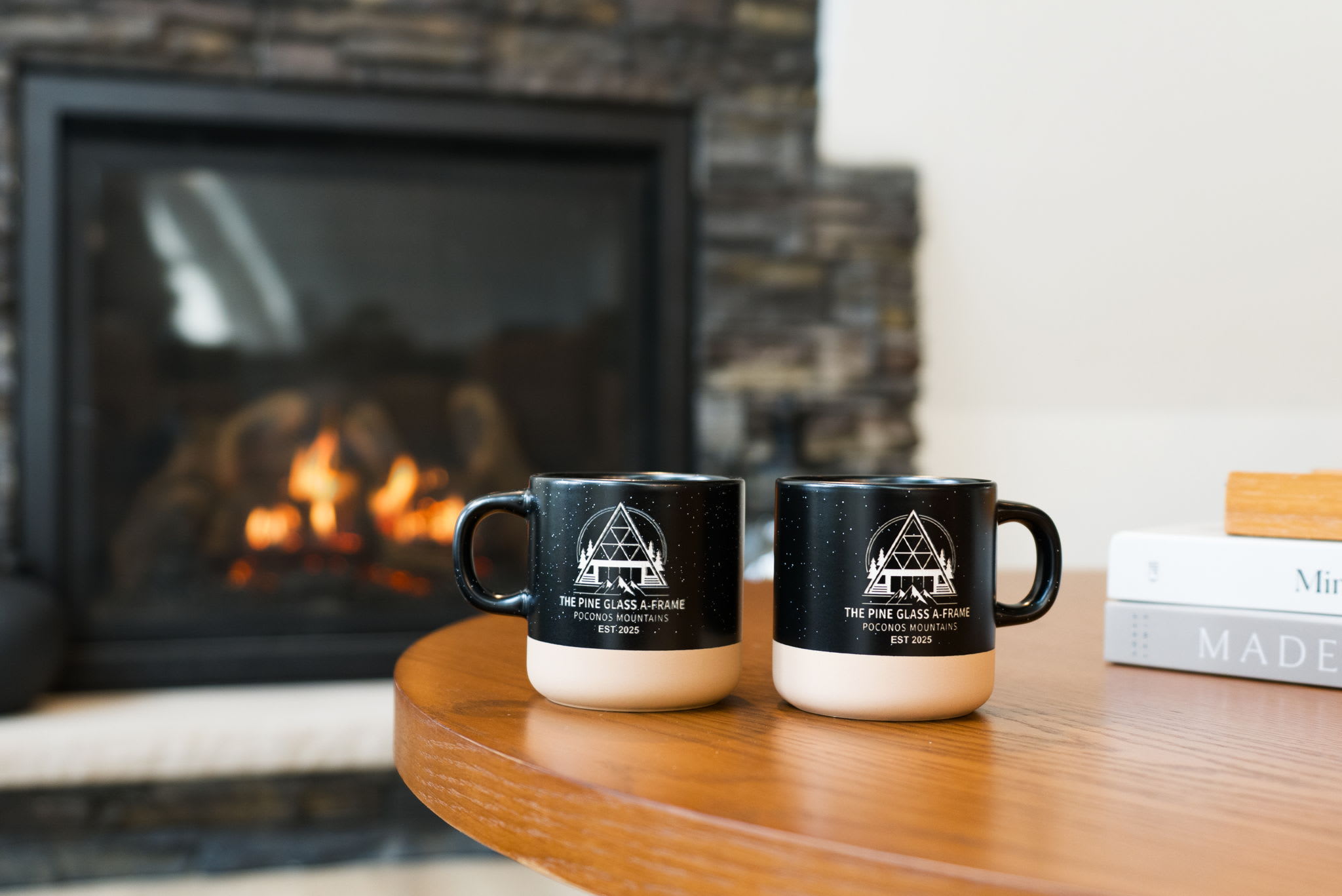 Warm up by the stone fireplace with a cup of coffee on chilly evenings.