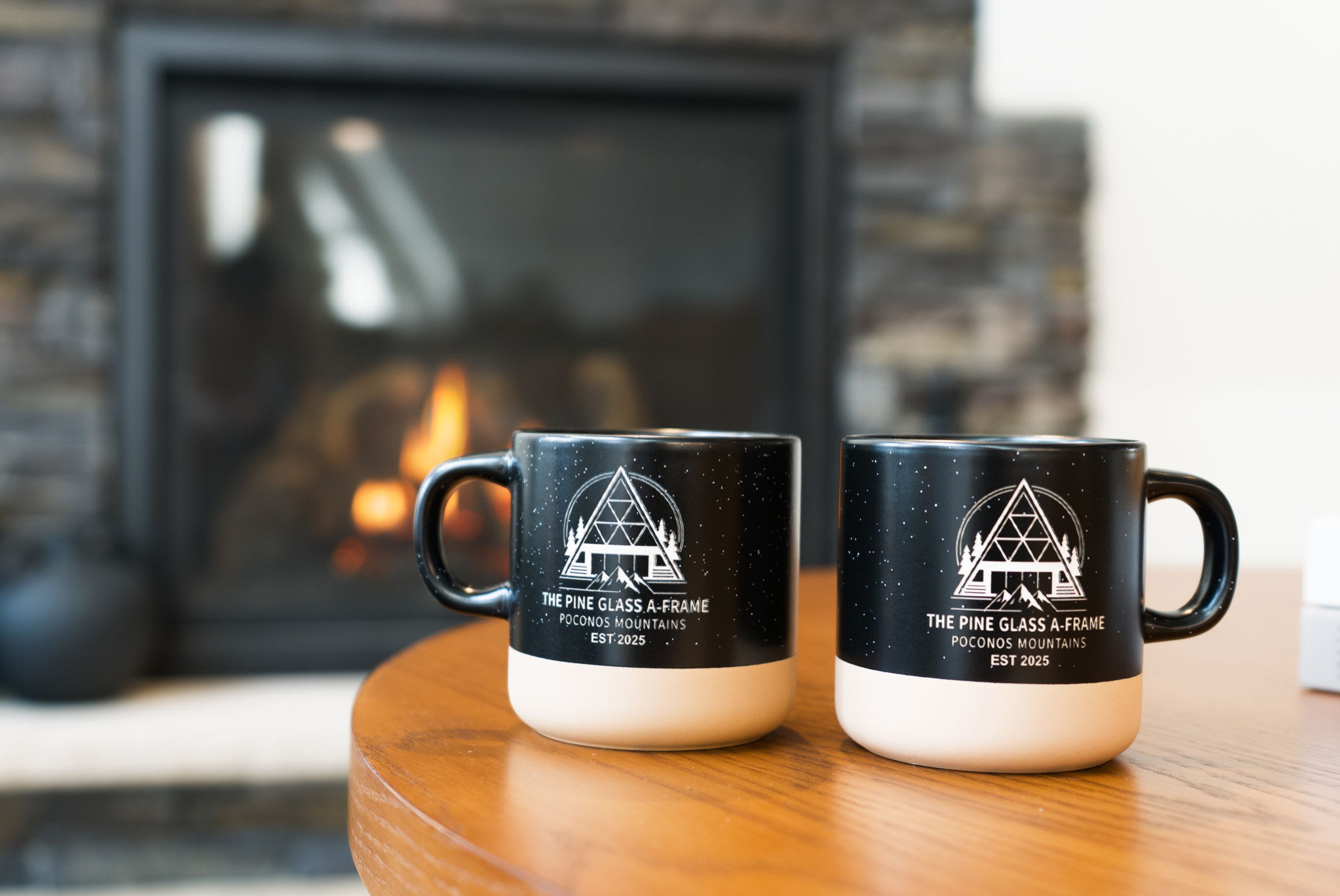 Warm up with a fireside drink in our custom Pine Glass A-Frame mugs
