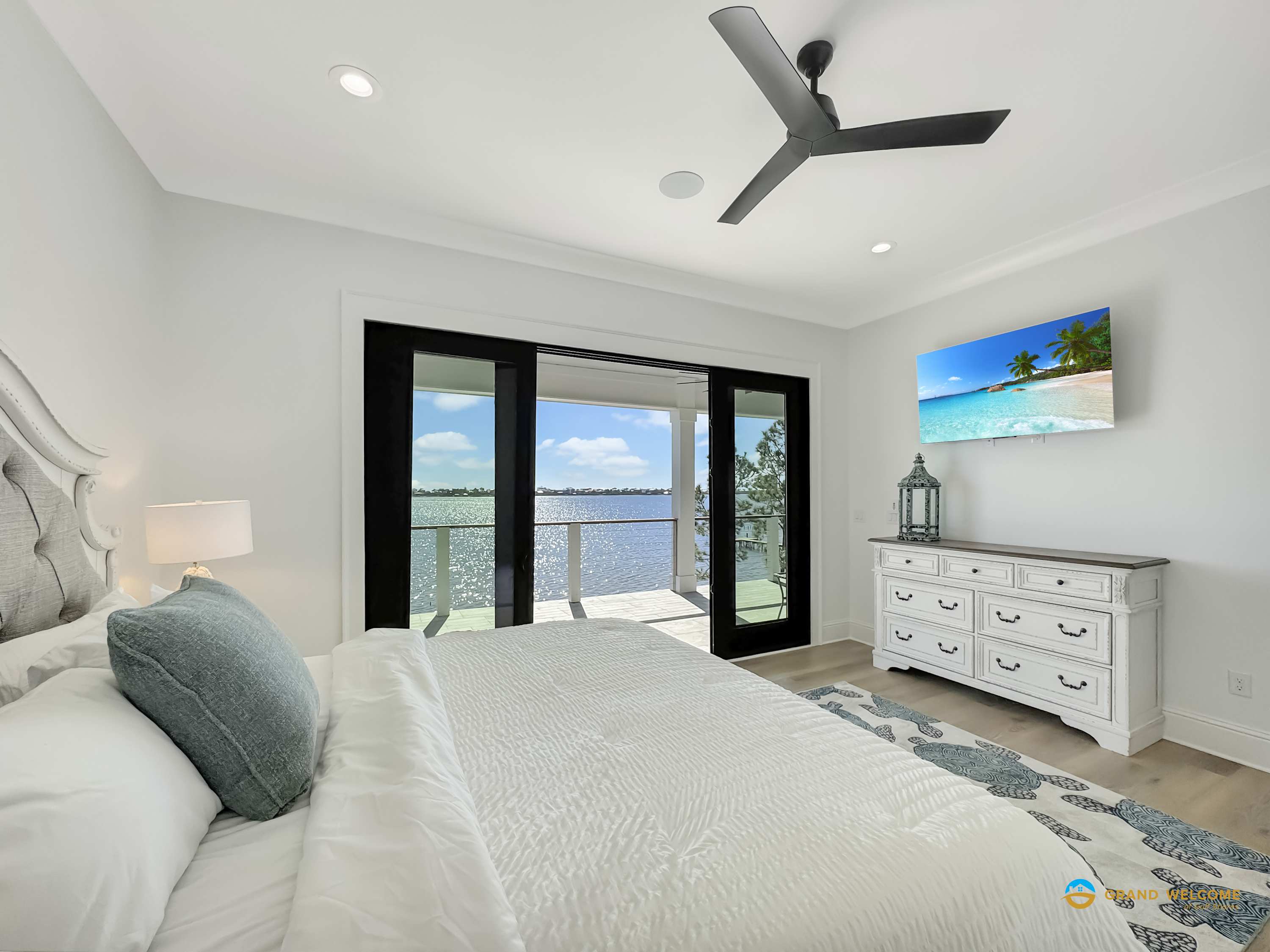 Relax in the king suite with deck access and smart TV