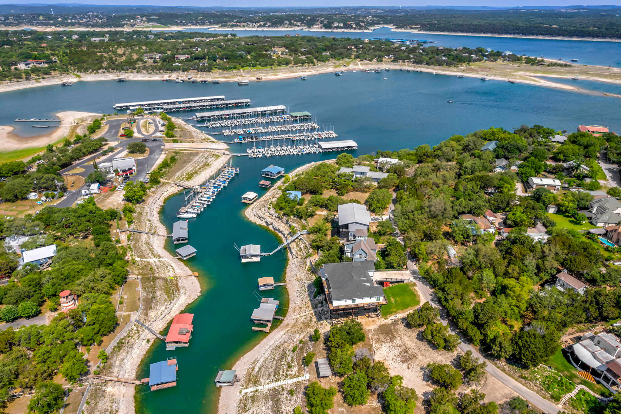 Lake views with surrounding docks and shoreline