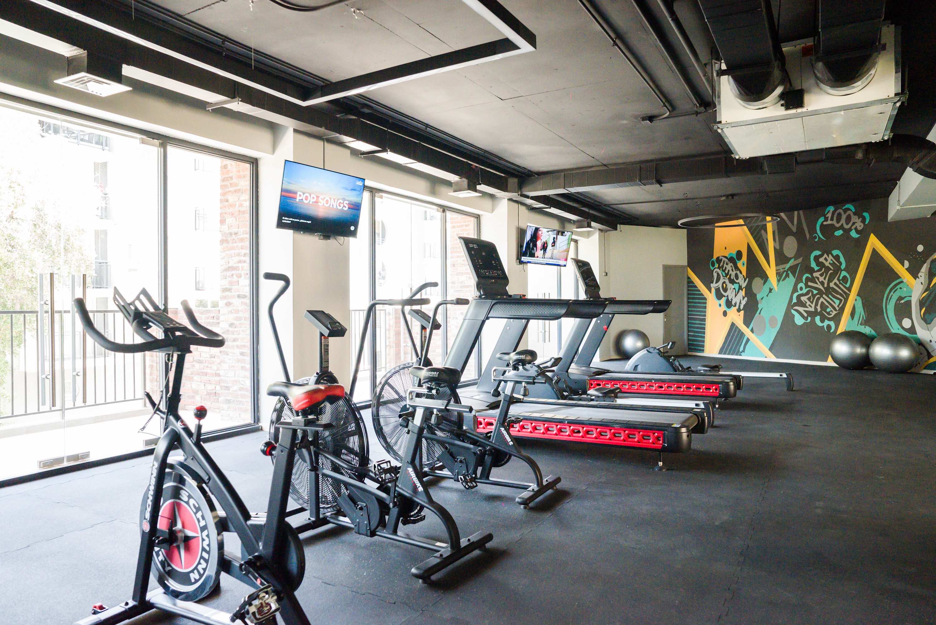 Enjoy a workout in this vibrant, well-equipped gym with natural light and modern amenities. (Common Area)