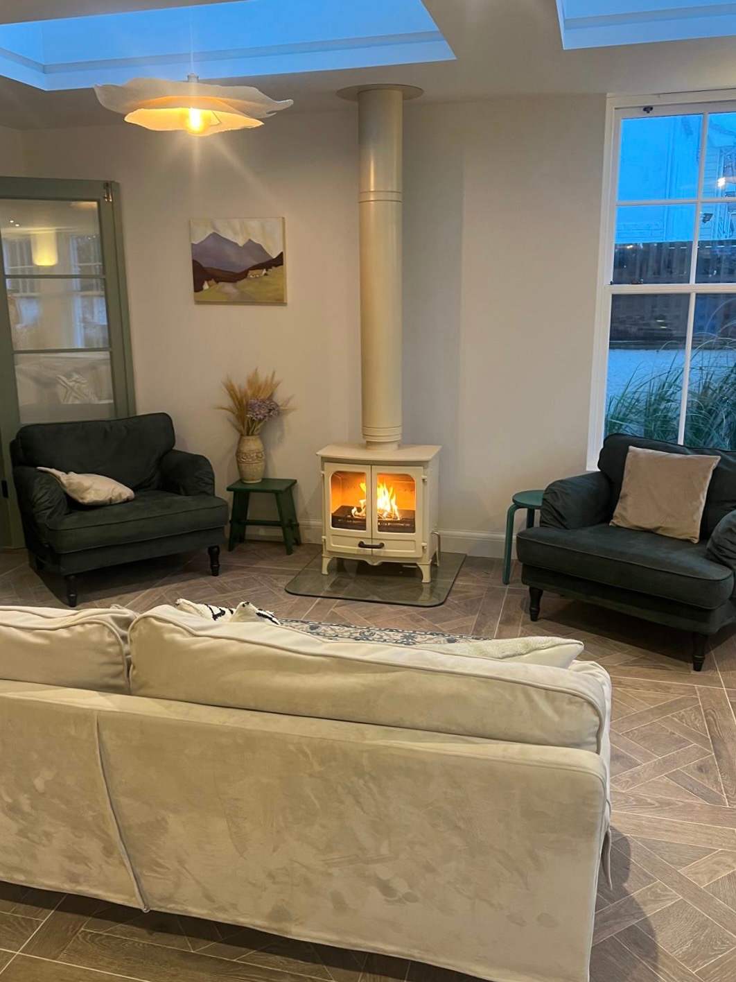 A log burner was added to the home in December 2025, making the open plan living area cosy and inviting in the evenings.