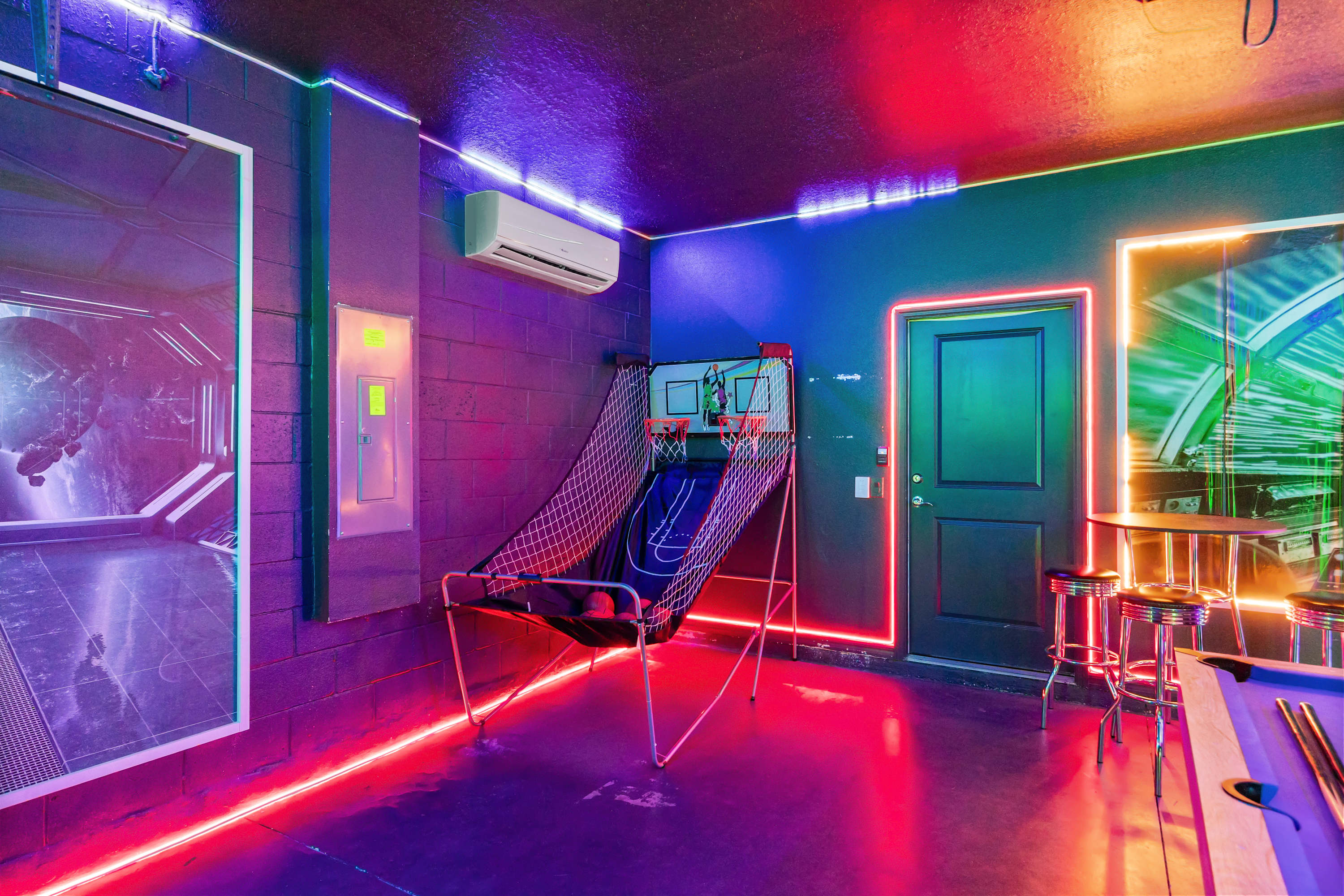 Arcade games set up in the games room