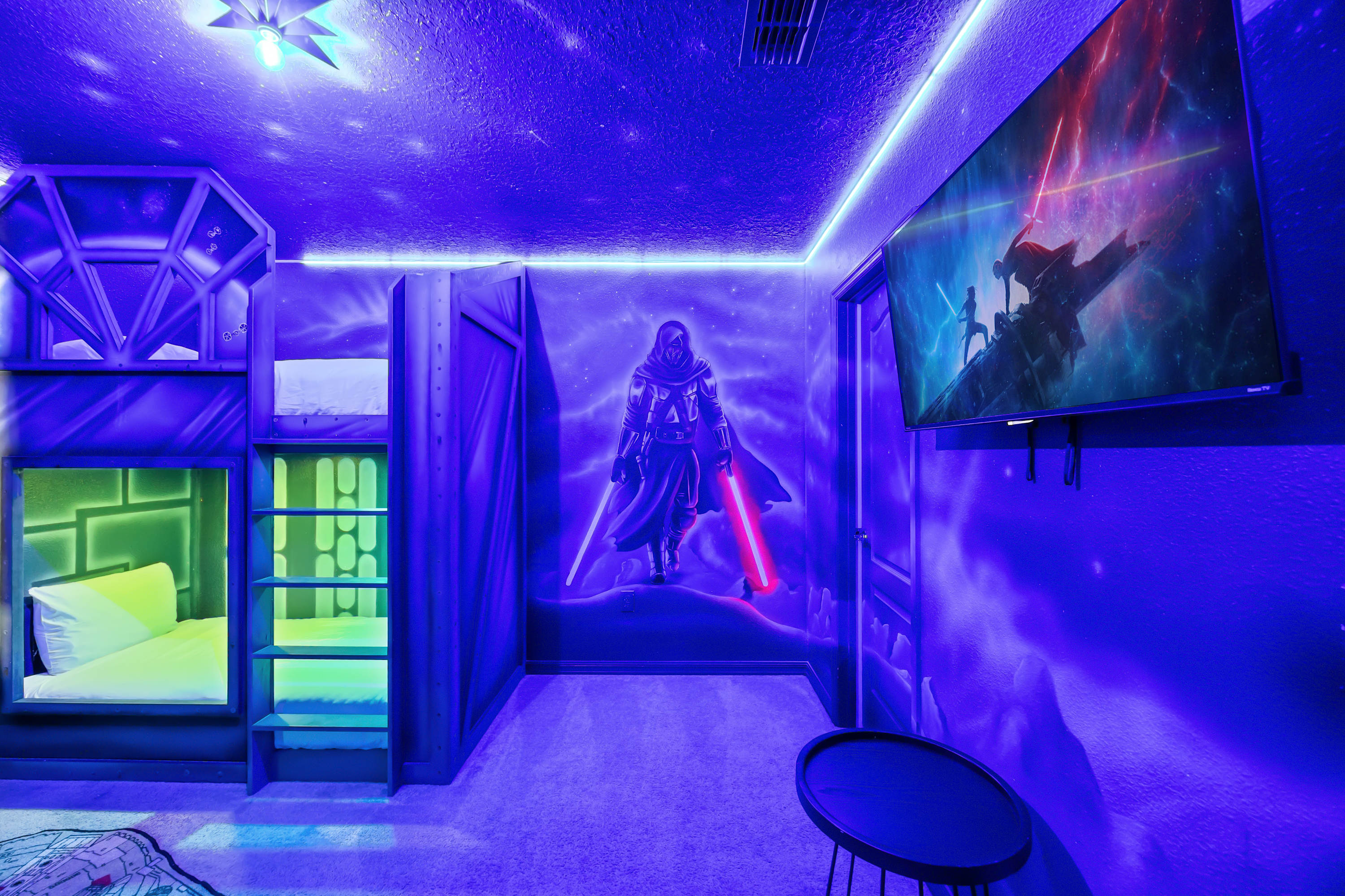 Immersive lights and decor and a smart TV for entertainment 