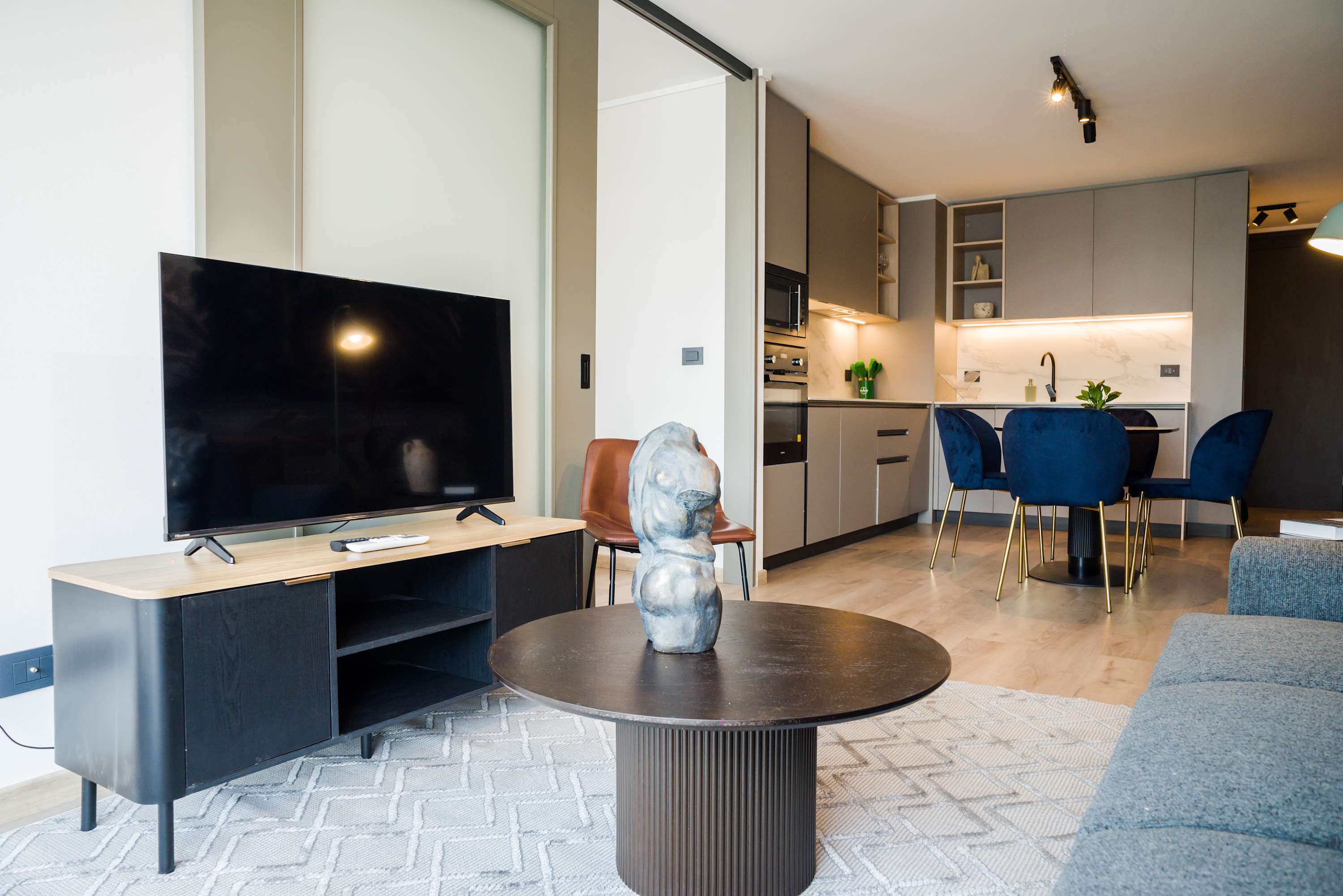 Modern living area with stylish decor and open kitchen, perfect for relaxation and dining.