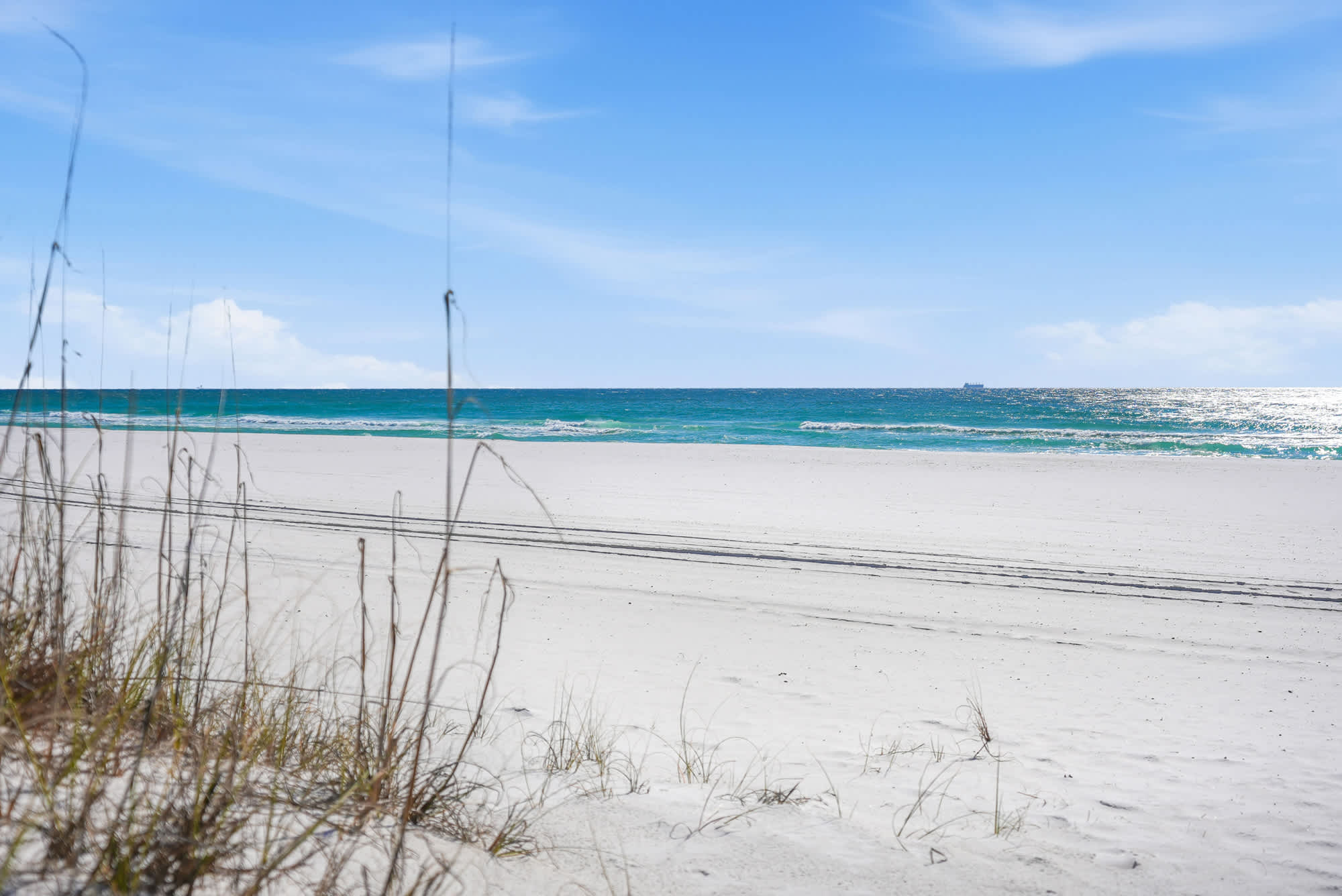 Top Of The Gulf  602 – View of a sandy beach with turquoise waves and a clear blue sky.