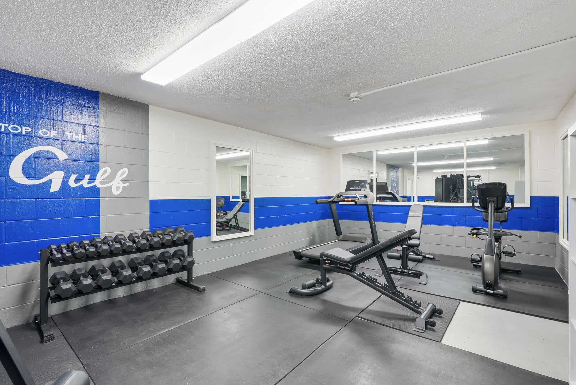 Top Of The Gulf 704 – Fitness room with treadmill, dumbbell rack, stationary bike, and mirrors on the wall.