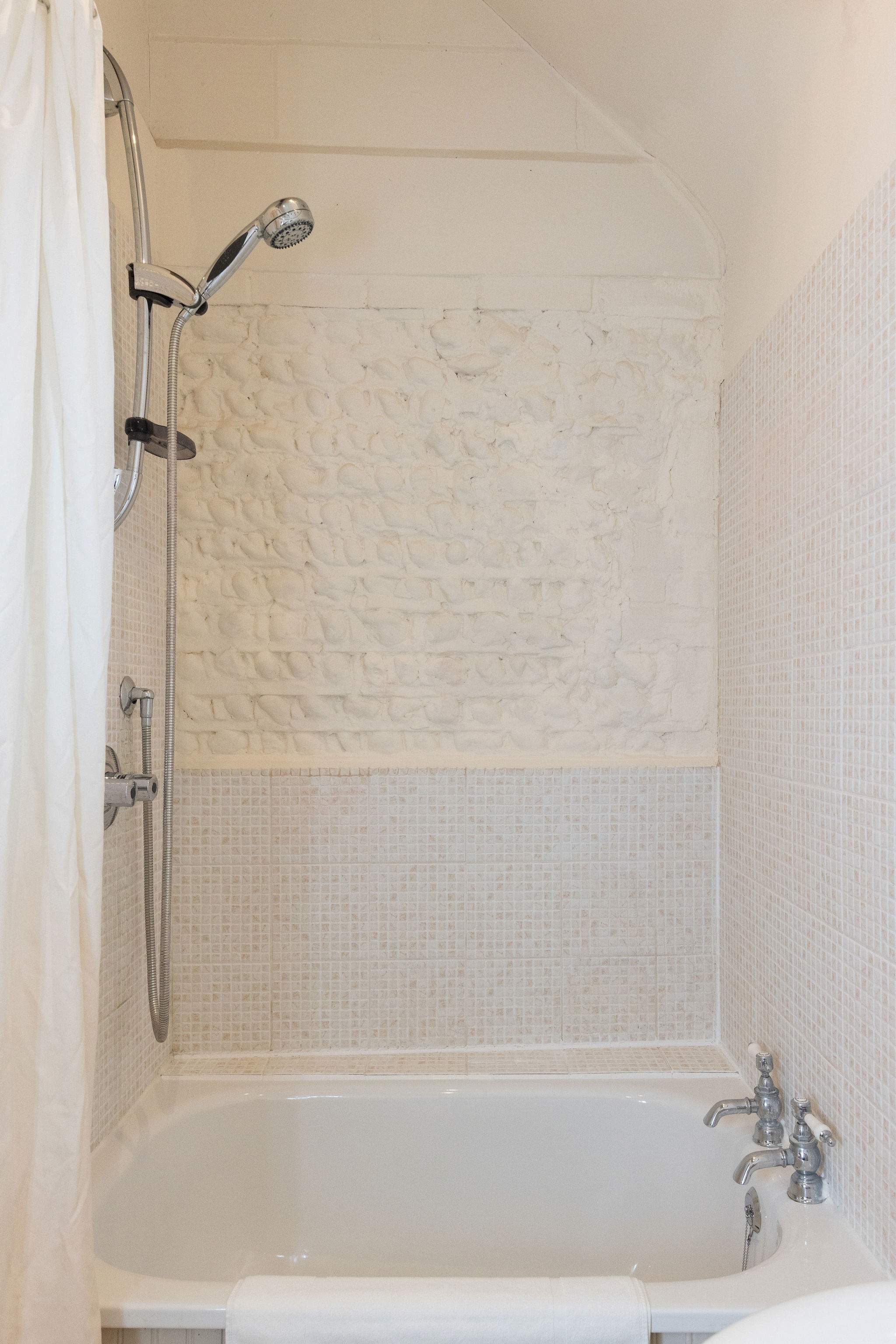Shower over tubby tub (short bath).