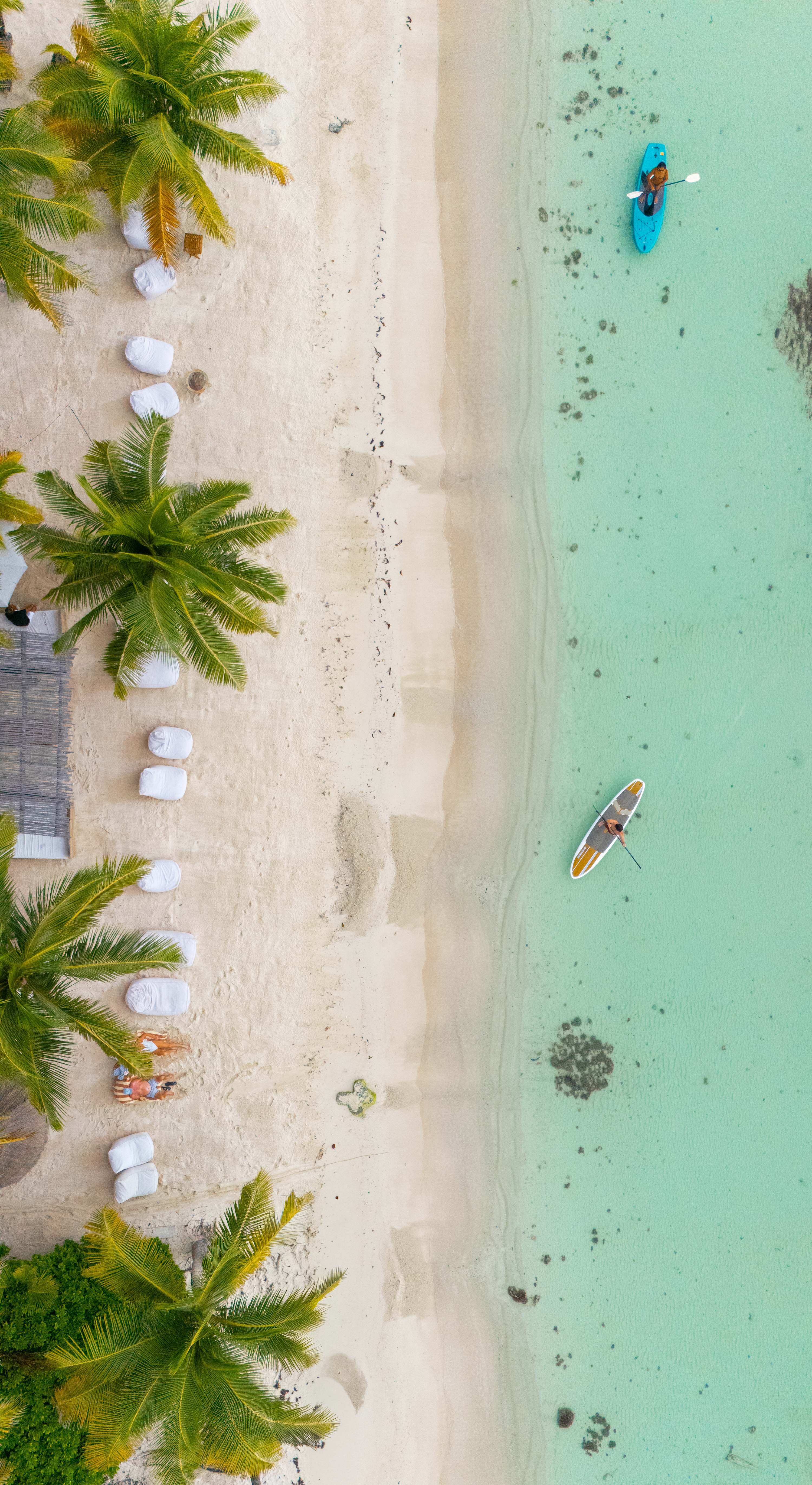 Drone view capturing the sea, golden sand, and beach clubs at Mantaray.