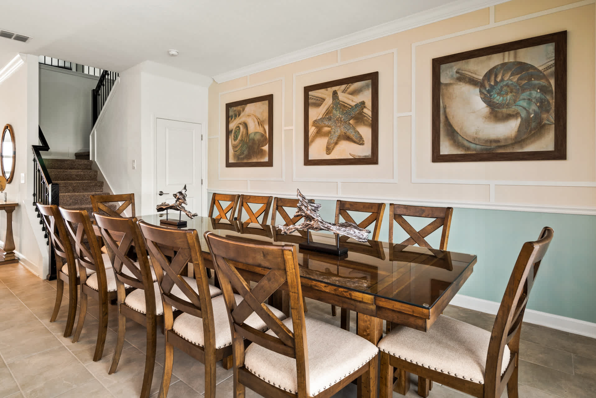 Elegant dining room with seating for ten, perfect for family gatherings or group dinners.