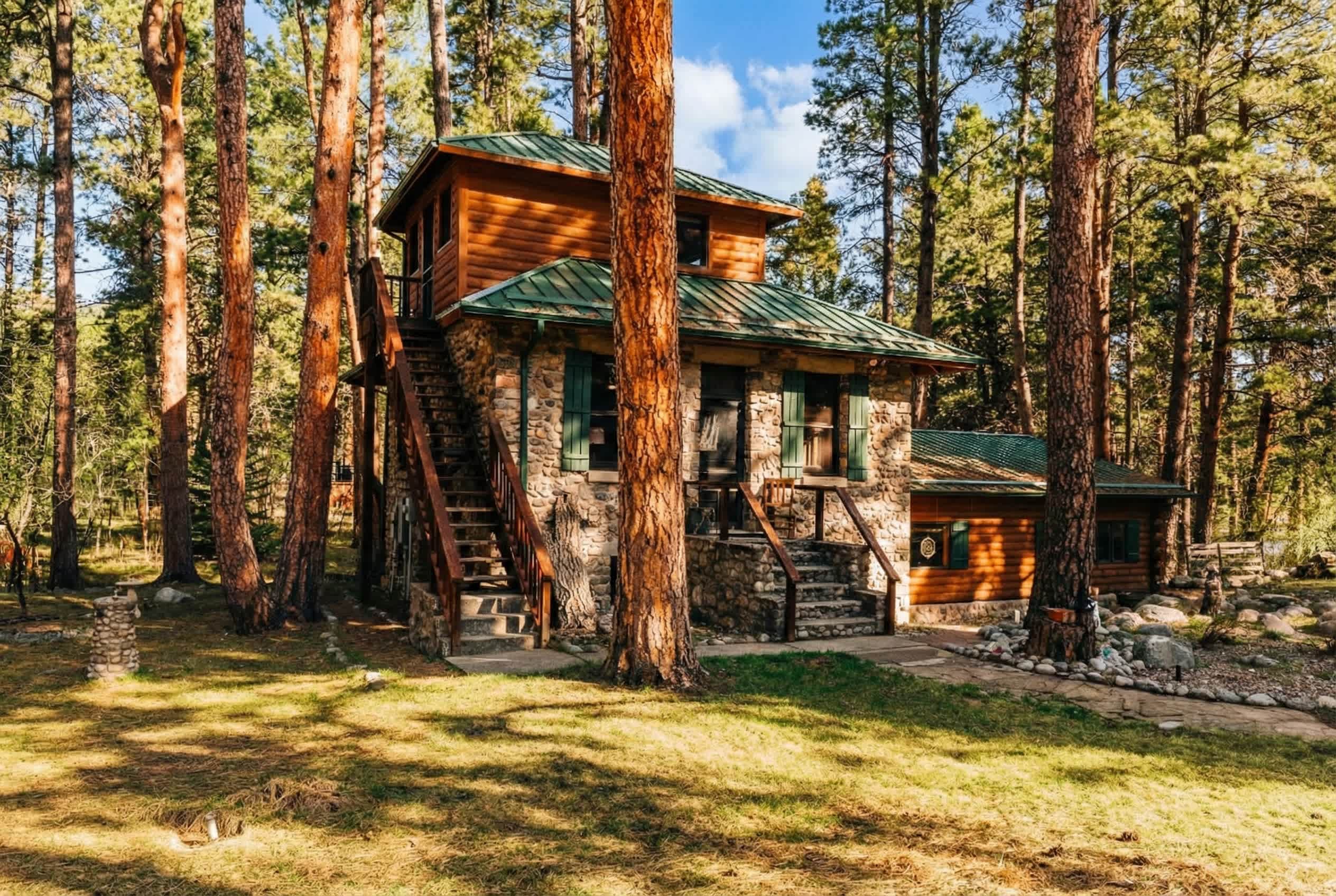 Cabin exterior among pines