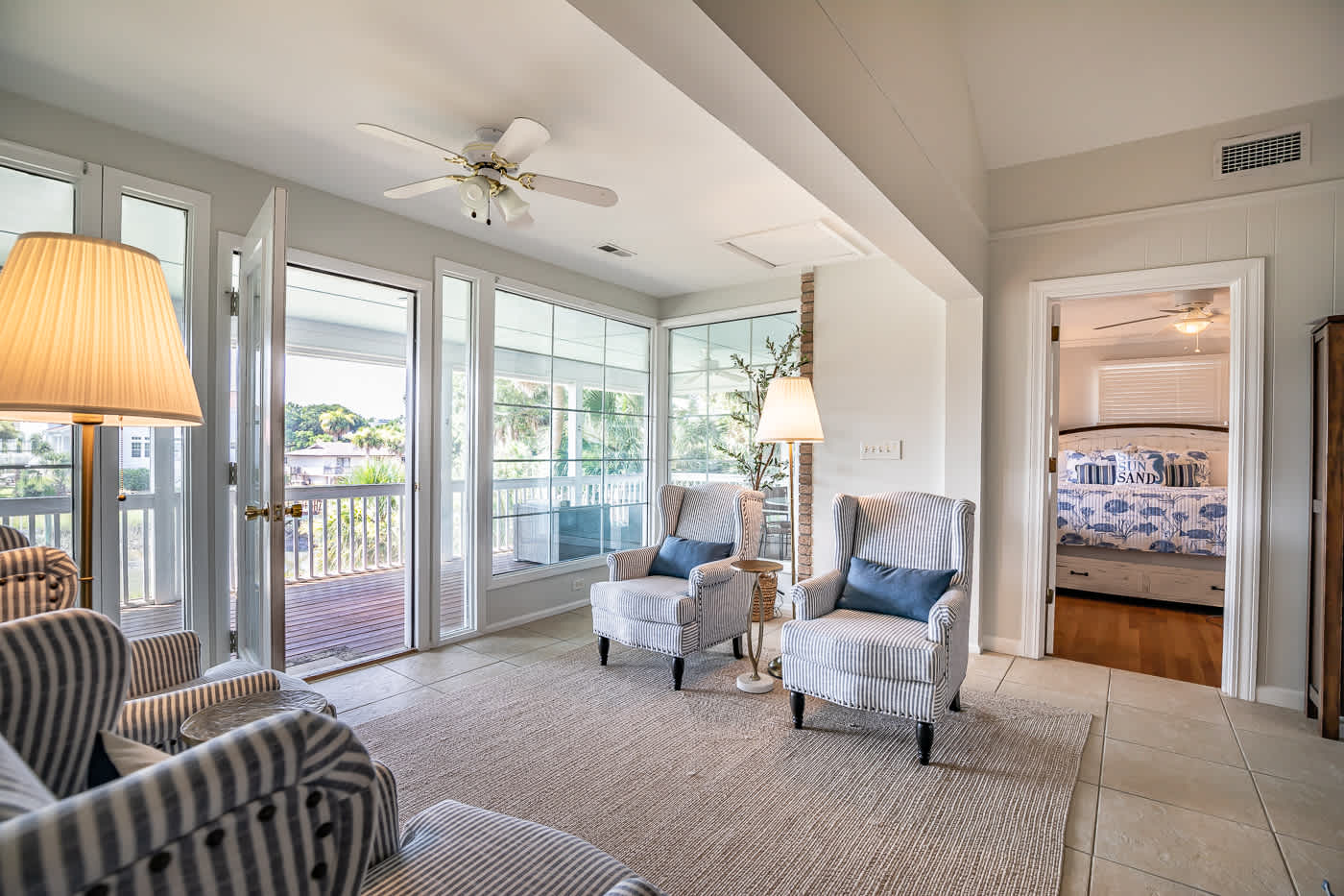 Living Room, Entry to Screened Porch and Entry to Primary Bedroom