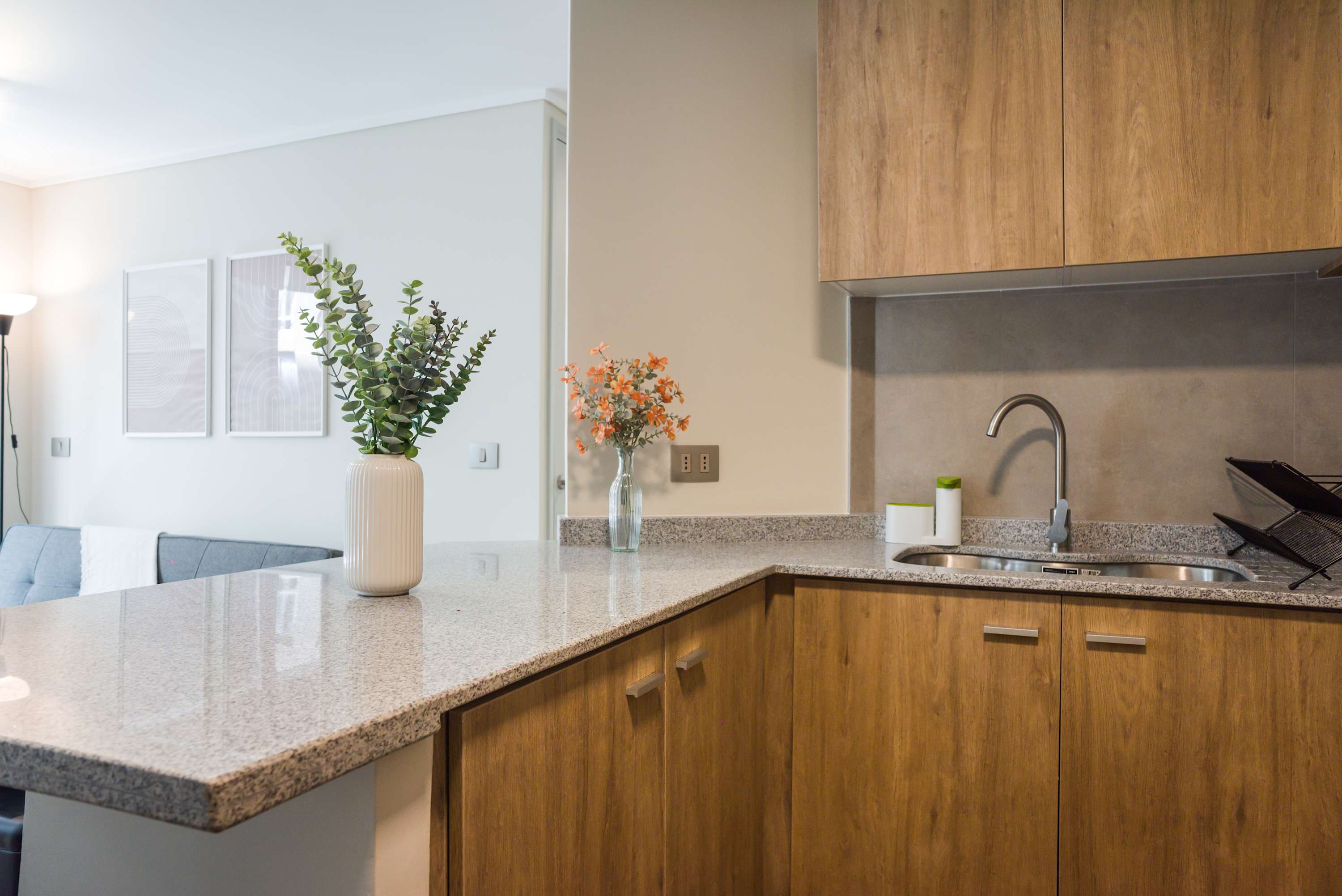 Chic and modern kitchen with sleek granite countertops and stylish decor, perfect for preparing meals in comfort.