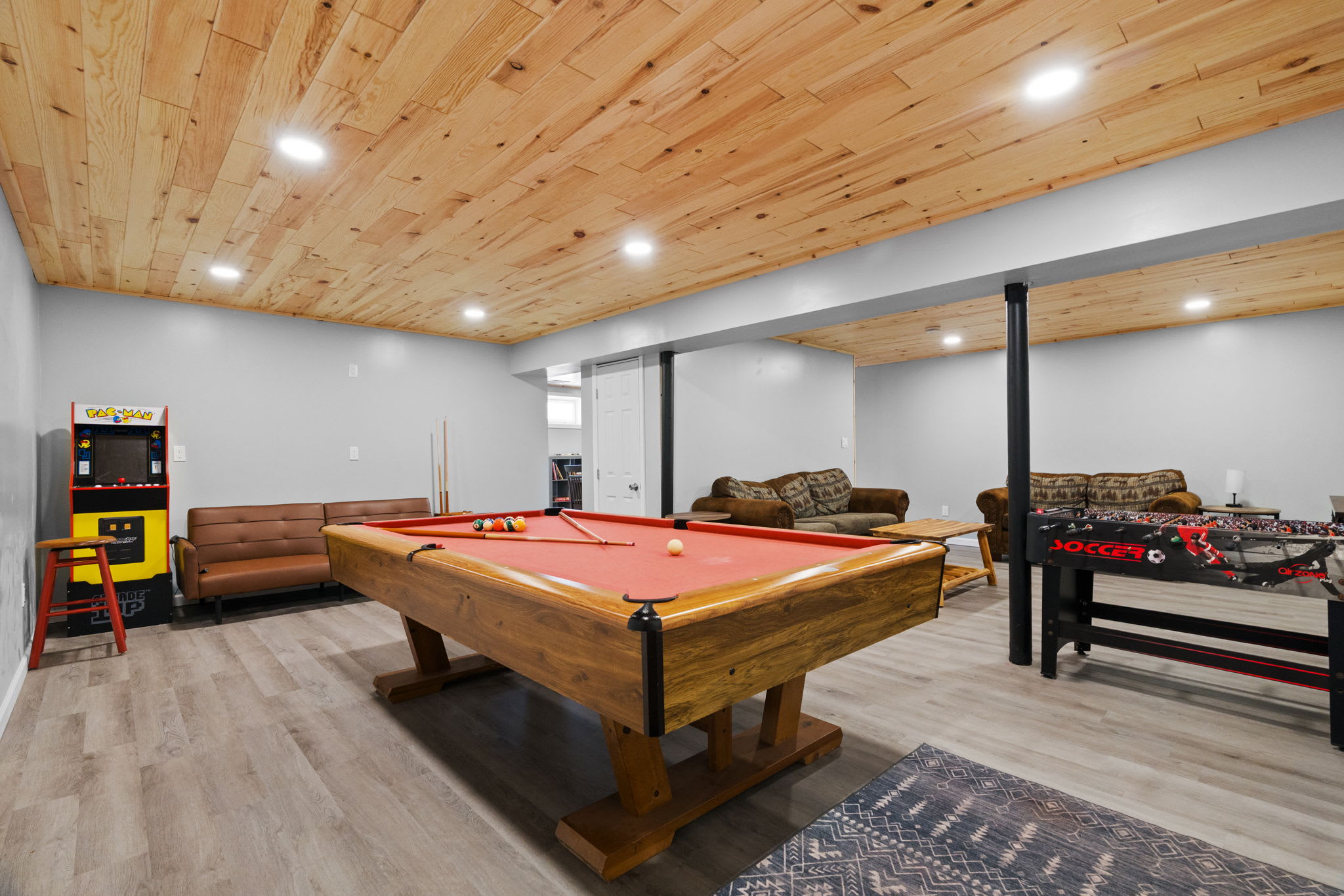 Rack 'em up on the full-size pool table in the lower-level game room